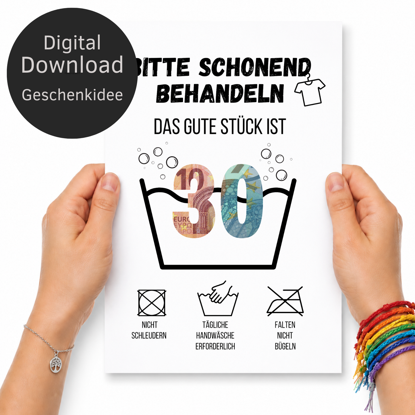 Geldgeschenk zum 30. Geburtstag Waschanleitung mit Euro-Scheinen in der Waschwanne und lustigen Pflegesymbolen, digitaler Download als DIN A4 Printable.