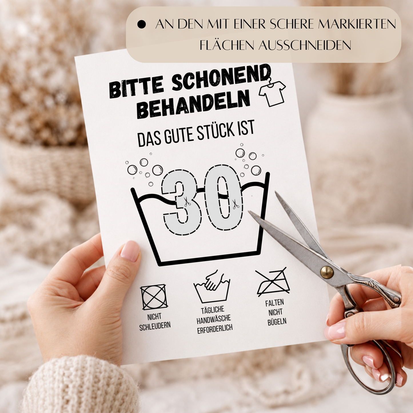 Geldgeschenk zum 30. Geburtstag Waschanleitung mit Euro-Scheinen in der Waschwanne und lustigen Pflegesymbolen, digitaler Download als DIN A4 Printable.
