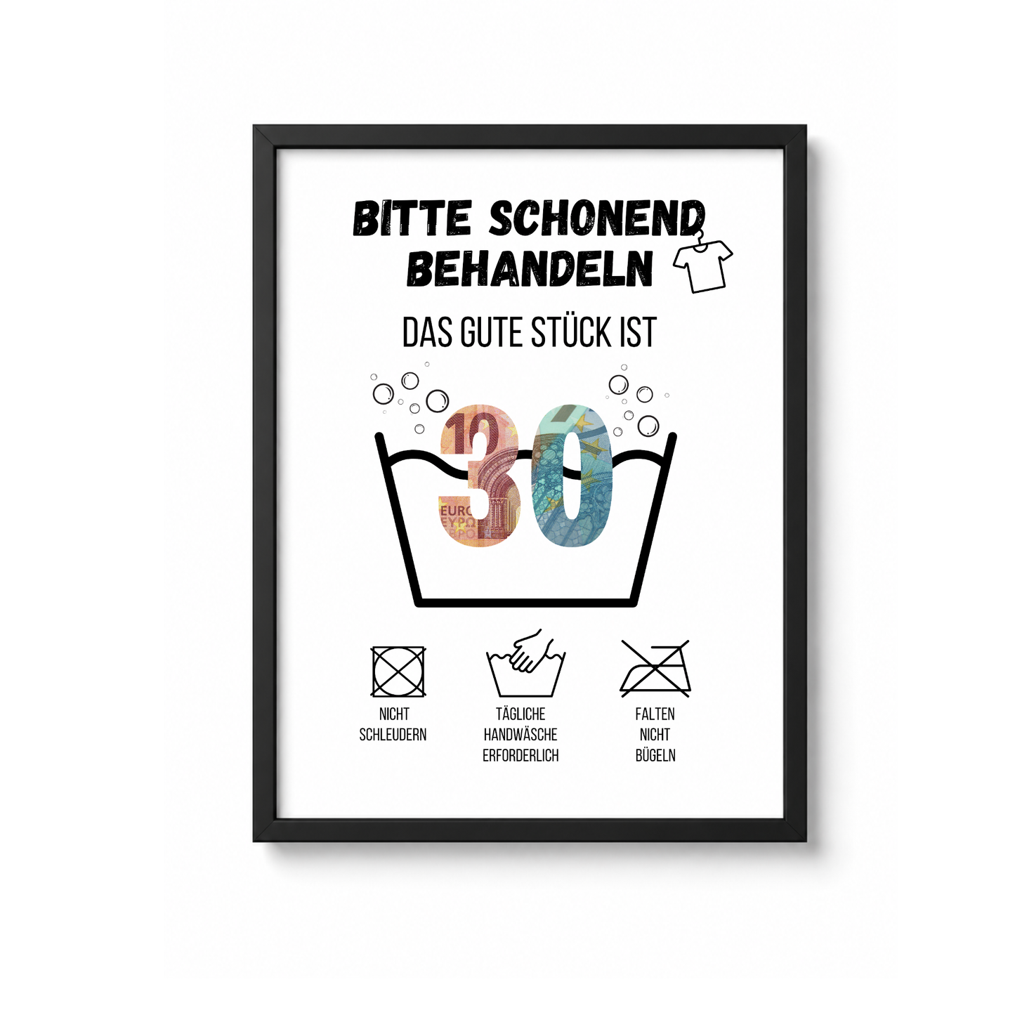 Geldgeschenk zum 30. Geburtstag Waschanleitung mit Euro-Scheinen in der Waschwanne und lustigen Pflegesymbolen, digitaler Download als DIN A4 Printable.