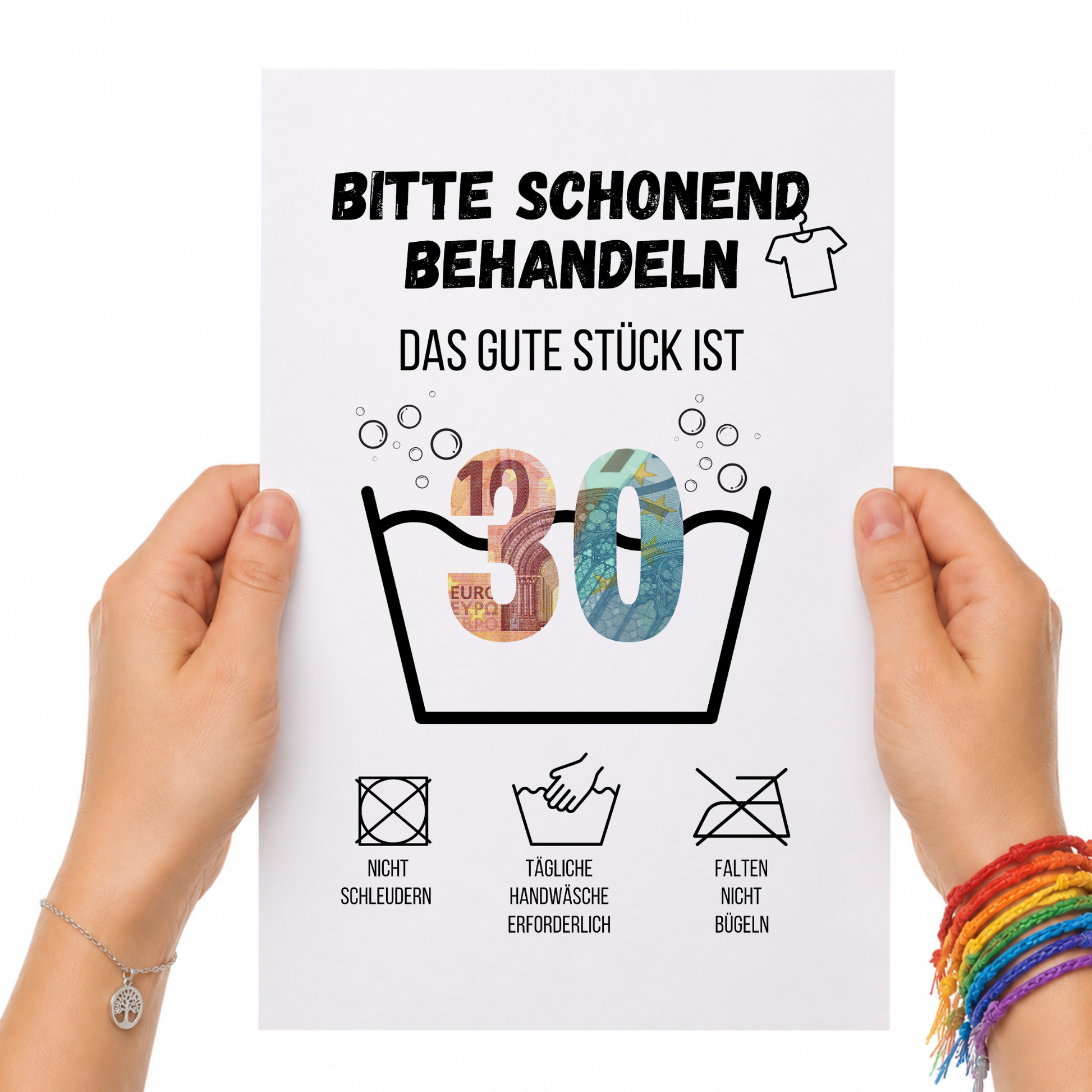 Geldgeschenk zum 30. Geburtstag Waschanleitung mit Euro-Scheinen in der Waschwanne und lustigen Pflegesymbolen, digitaler Download als DIN A4 Printable.