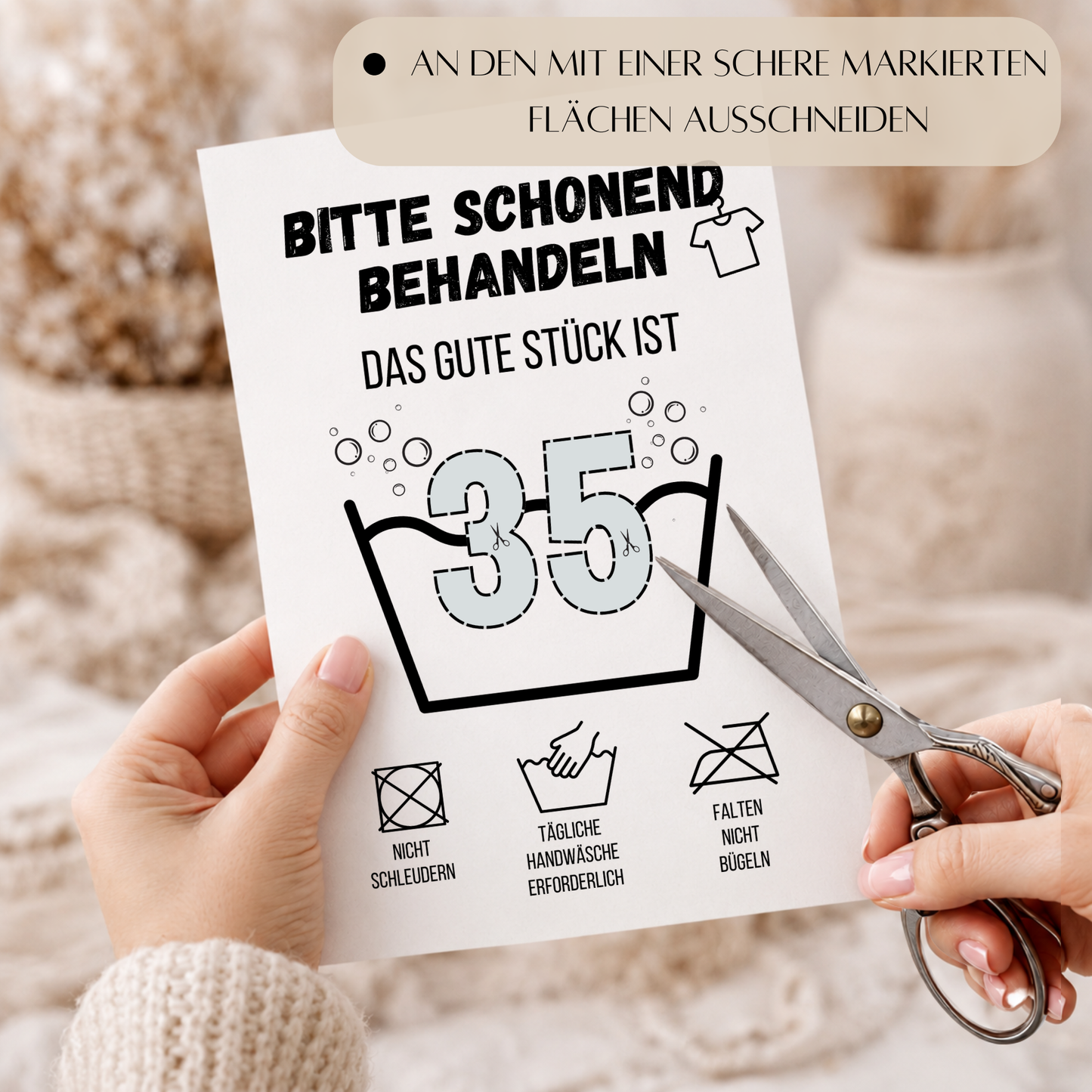Geldgeschenk zum 35. Geburtstag Waschanleitung mit Euro-Scheinen in der Waschwanne und lustigen Pflegesymbolen, digitaler Download als DIN A4 Printable.