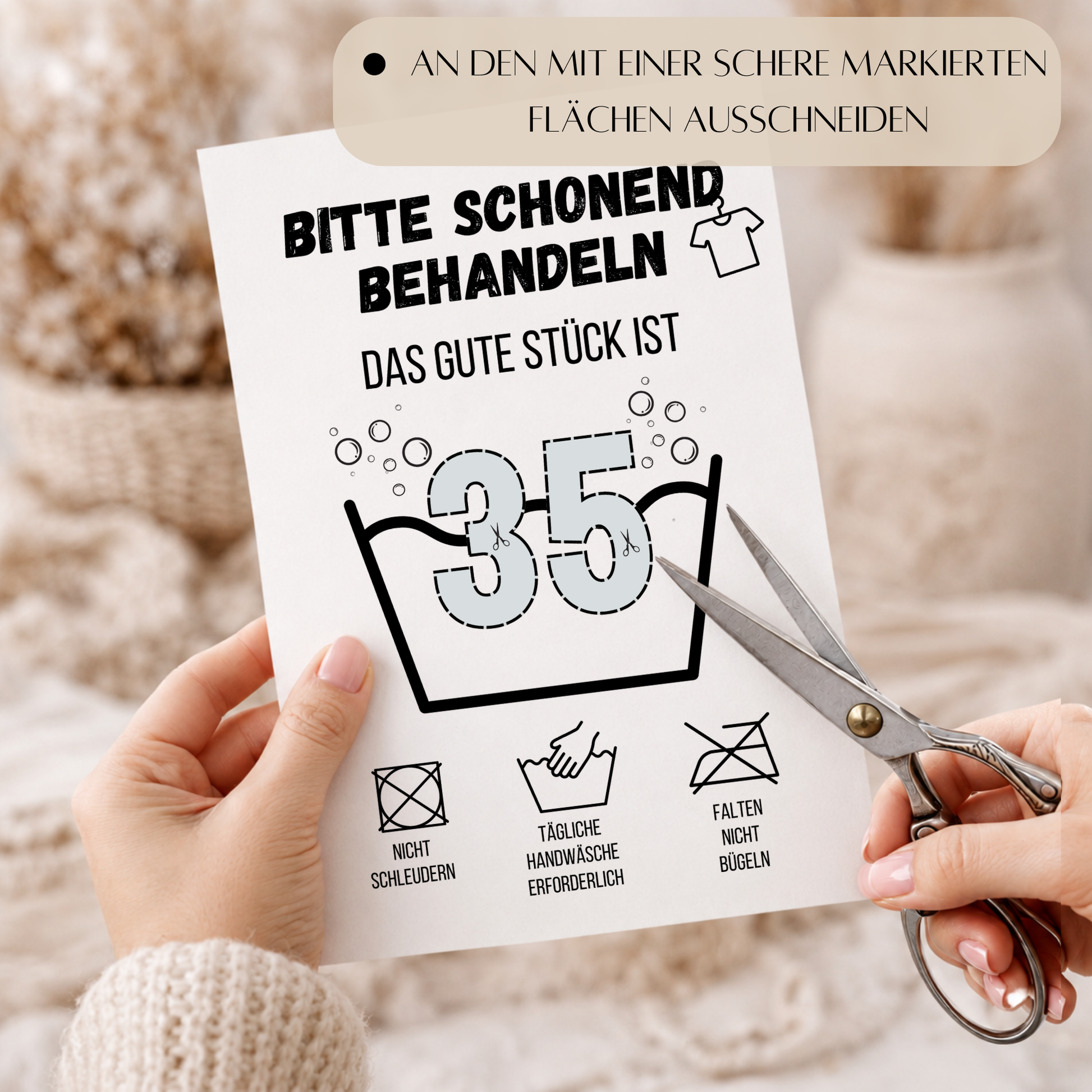Geldgeschenk zum 35. Geburtstag Waschanleitung mit Euro-Scheinen in der Waschwanne und lustigen Pflegesymbolen, digitaler Download als DIN A4 Printable.