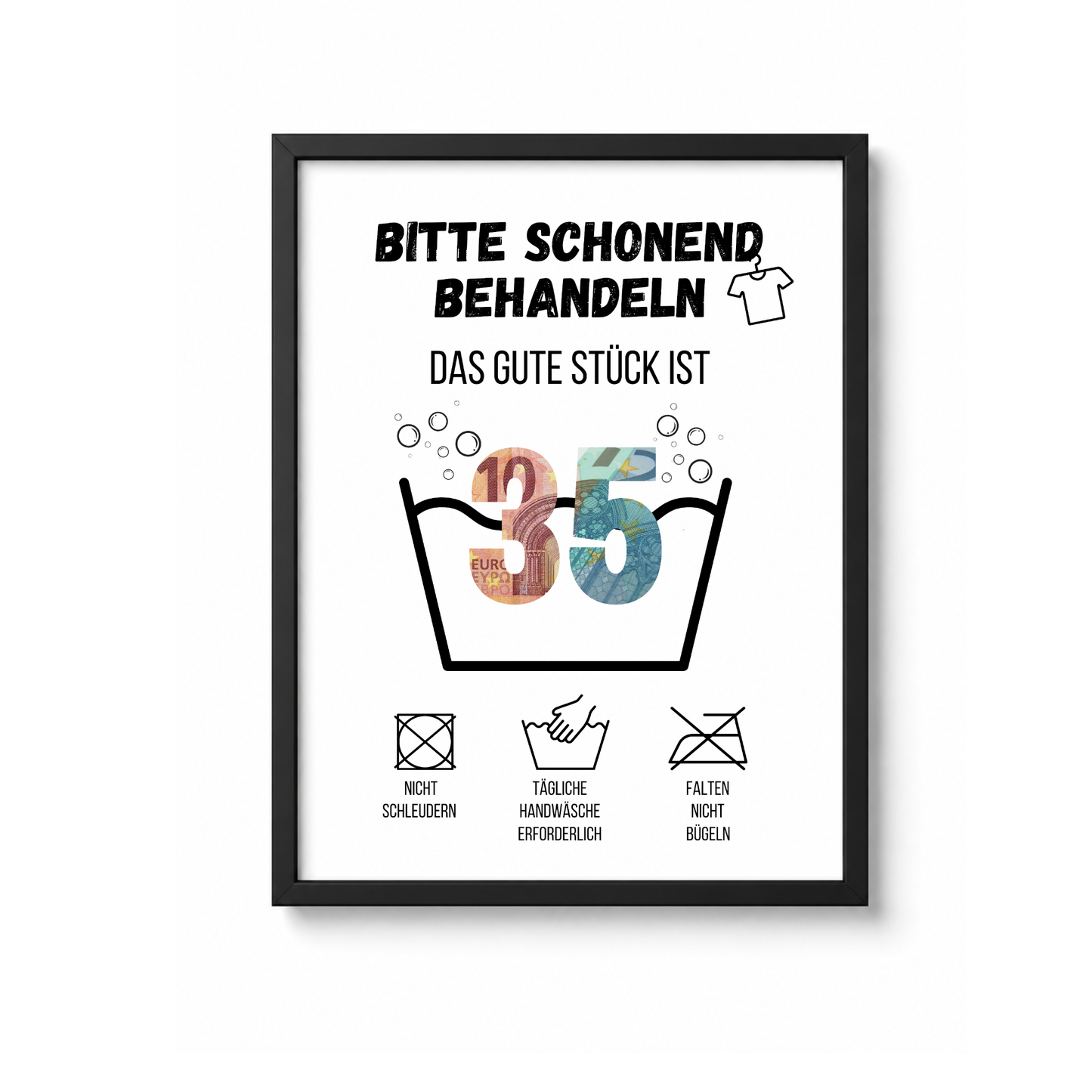 Geldgeschenk zum 35. Geburtstag Waschanleitung mit Euro-Scheinen in der Waschwanne und lustigen Pflegesymbolen, digitaler Download als DIN A4 Printable.