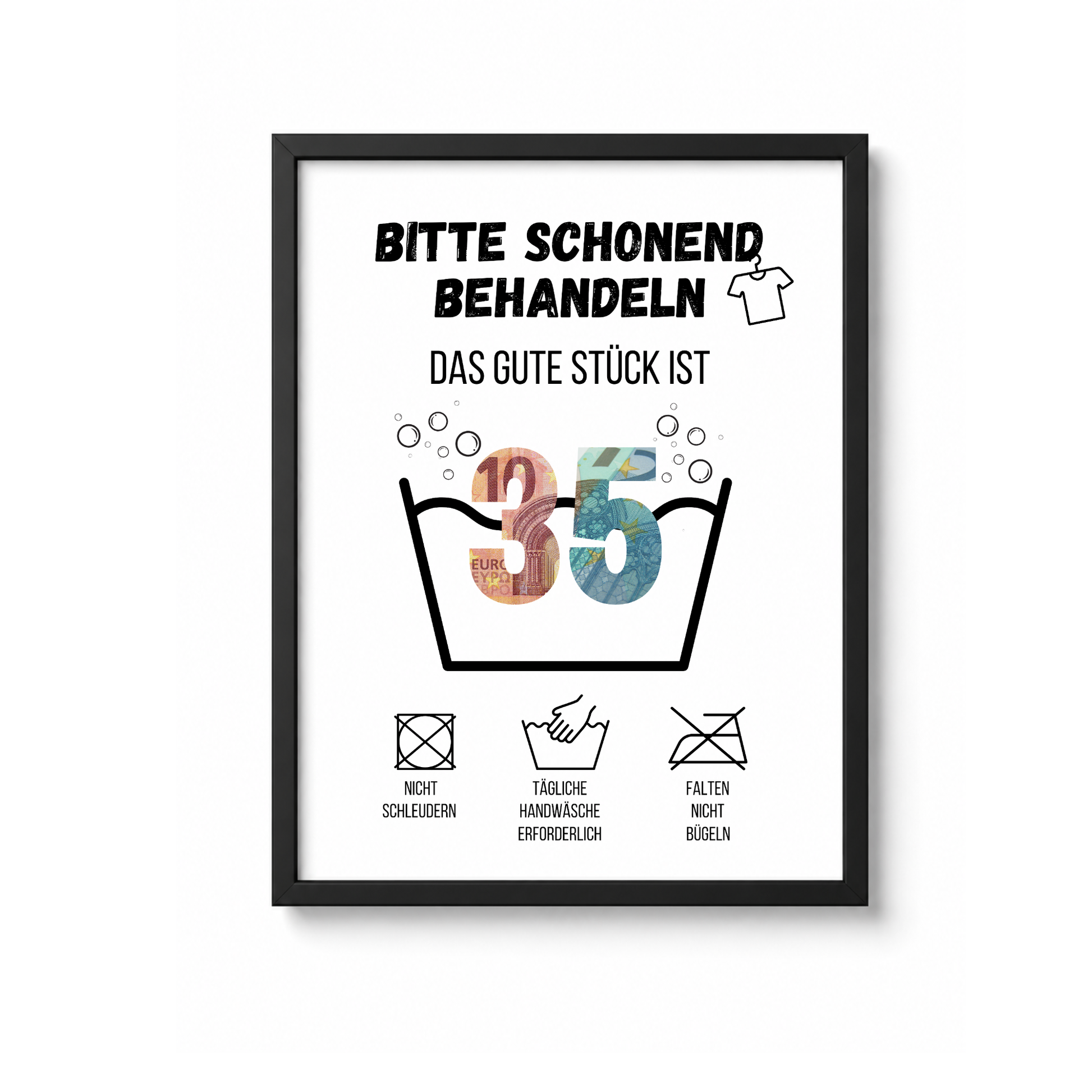 Geldgeschenk zum 35. Geburtstag Waschanleitung mit Euro-Scheinen in der Waschwanne und lustigen Pflegesymbolen, digitaler Download als DIN A4 Printable.