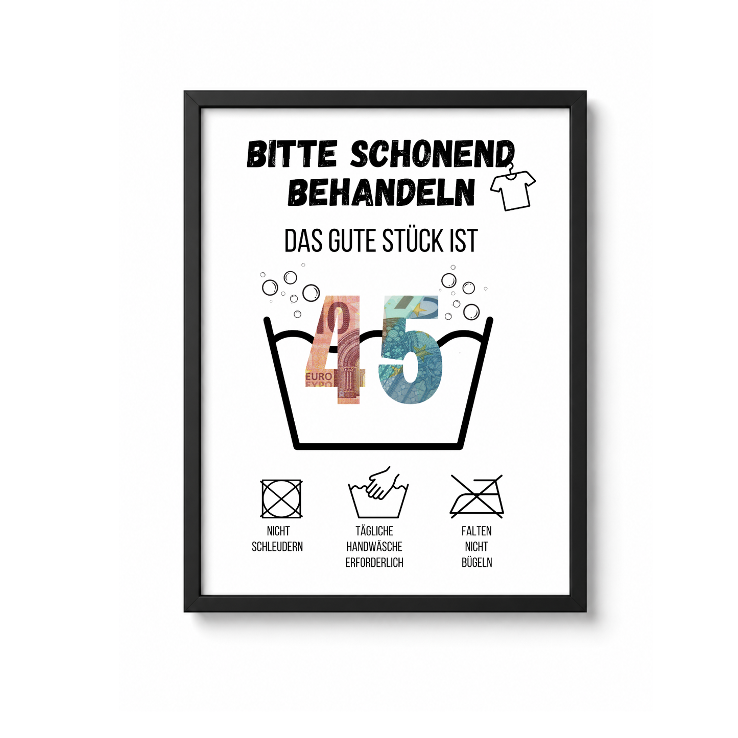 Geldgeschenk zum 45. Geburtstag Waschanleitung mit Euro-Scheinen in der Waschwanne und lustigen Pflegesymbolen, digitaler Download als DIN A4 Printable.
