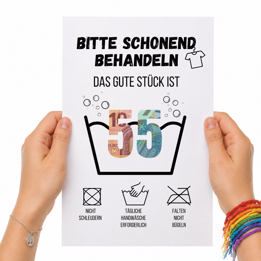 Geldgeschenk zum 55. Geburtstag Waschanleitung mit Euro-Scheinen in der Waschwanne und lustigen Pflegesymbolen, digitaler Download als DIN A4 Printable.