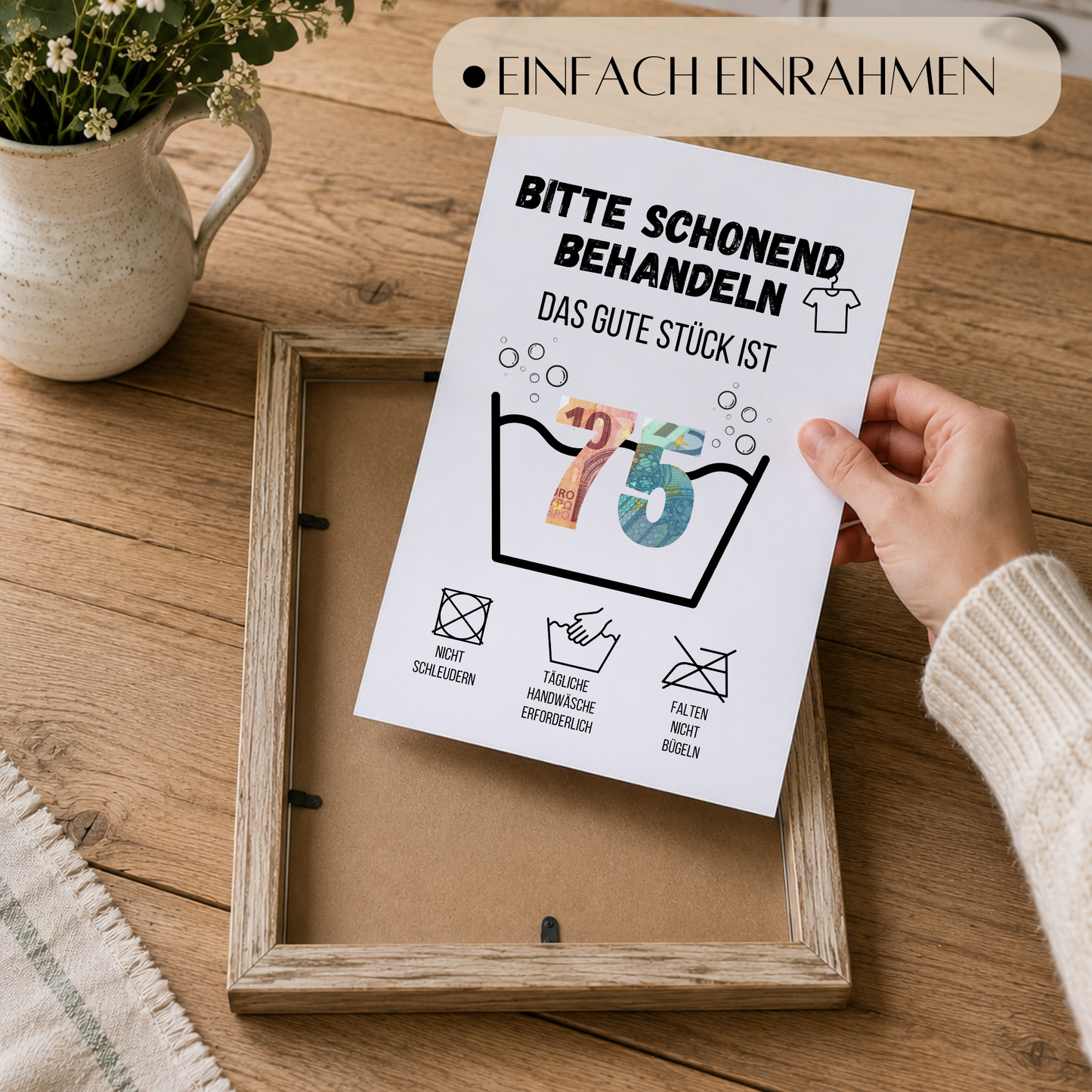 Geldgeschenk zum 75. Geburtstag Waschanleitung mit Euro-Scheinen in der Waschwanne und lustigen Pflegesymbolen, digitaler Download als DIN A4 Printable.