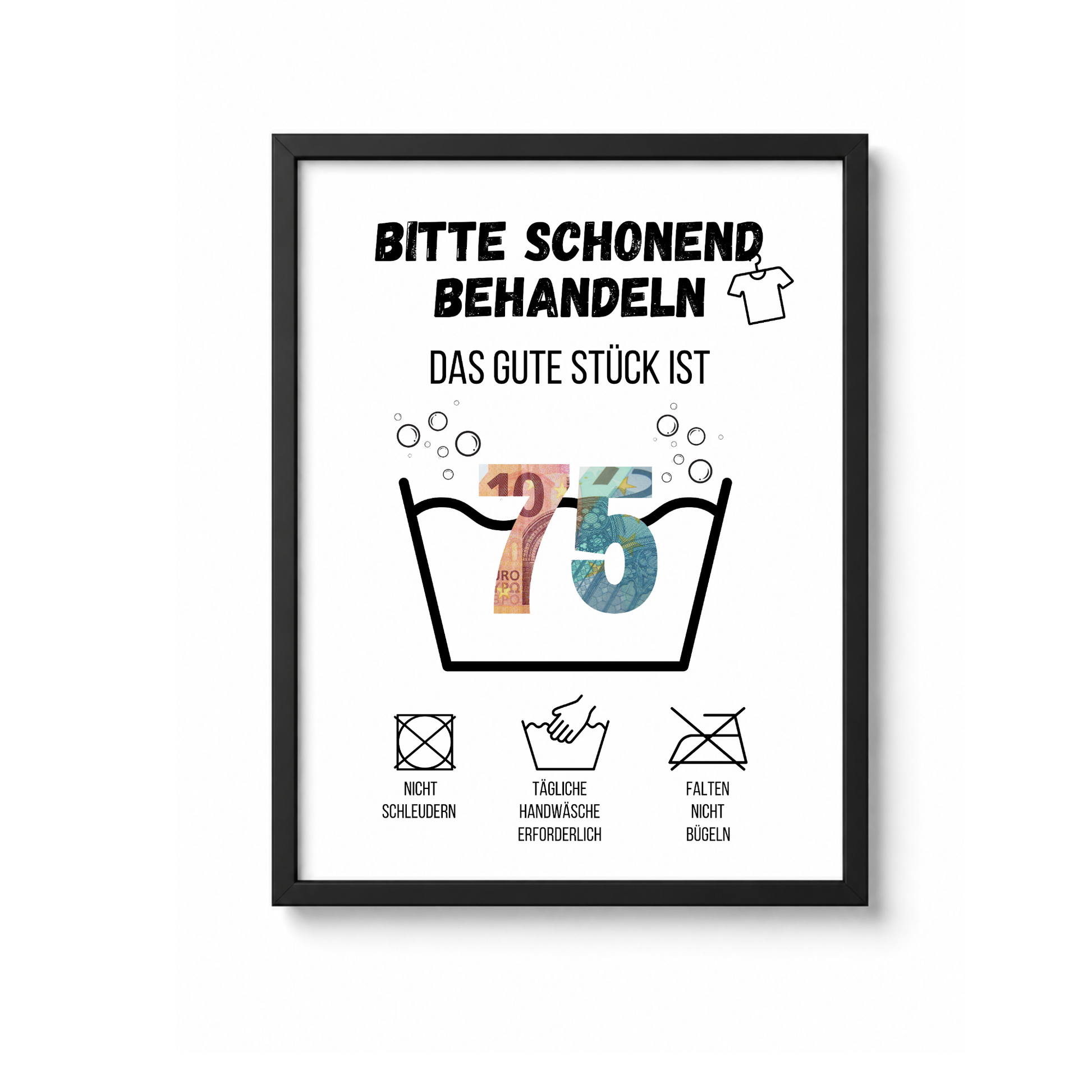 Geldgeschenk zum 75. Geburtstag Waschanleitung mit Euro-Scheinen in der Waschwanne und lustigen Pflegesymbolen, digitaler Download als DIN A4 Printable.