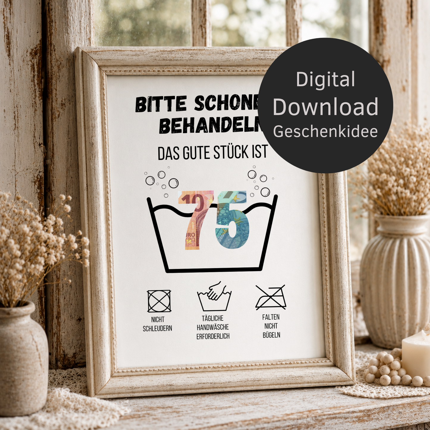 Geldgeschenk zum 75. Geburtstag Waschanleitung mit Euro-Scheinen in der Waschwanne und lustigen Pflegesymbolen, digitaler Download als DIN A4 Printable.