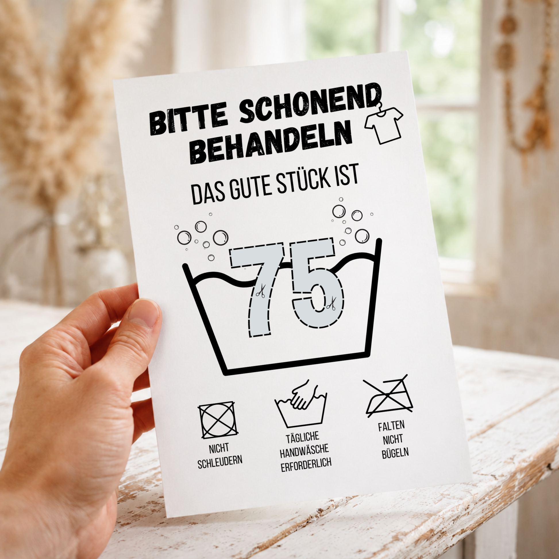 Geldgeschenk zum 75. Geburtstag Waschanleitung mit Euro-Scheinen in der Waschwanne und lustigen Pflegesymbolen, digitaler Download als DIN A4 Printable.