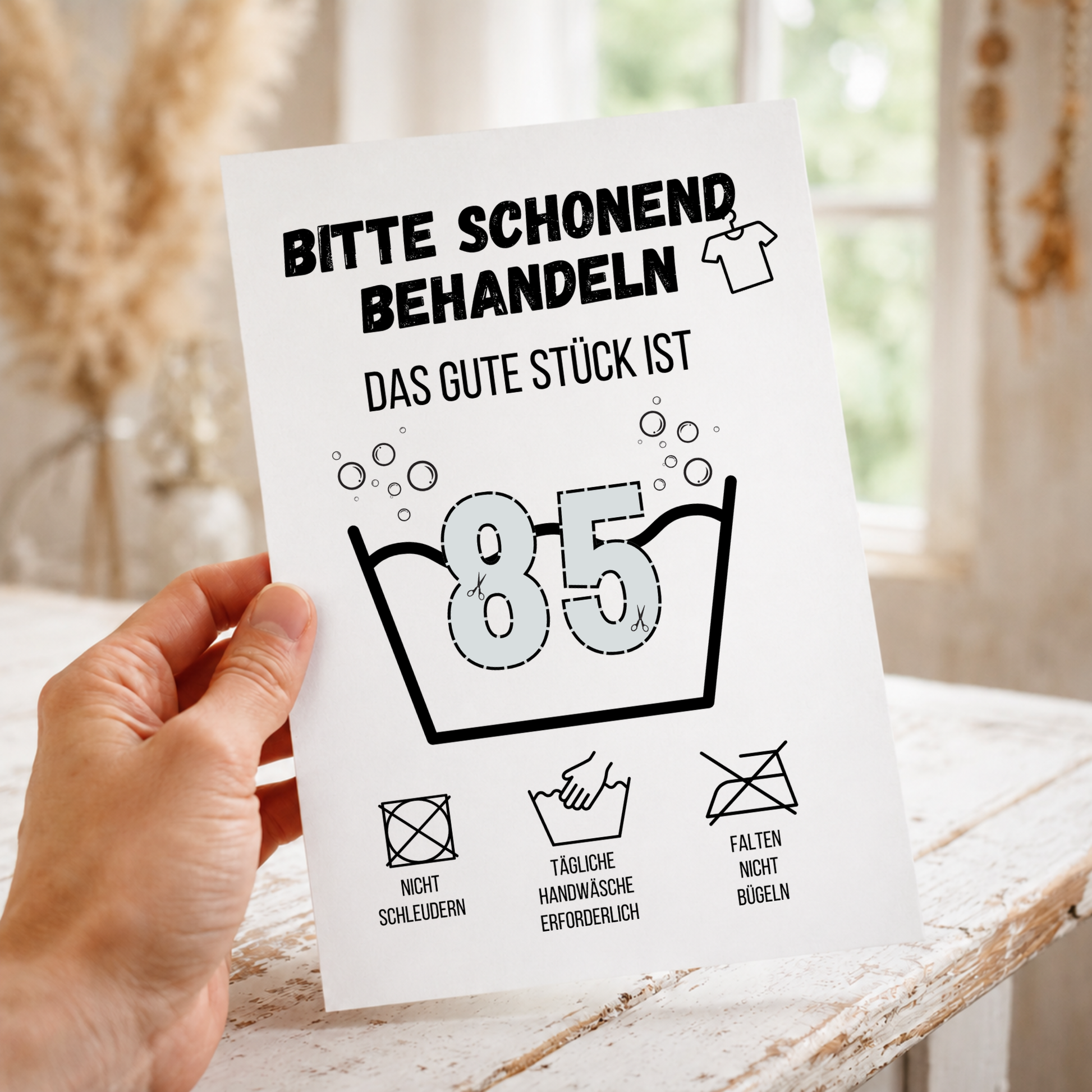 Geldgeschenk zum 85. Geburtstag Waschanleitung mit Euro-Scheinen in der Waschwanne und lustigen Pflegesymbolen, digitaler Download als DIN A4 Printable.