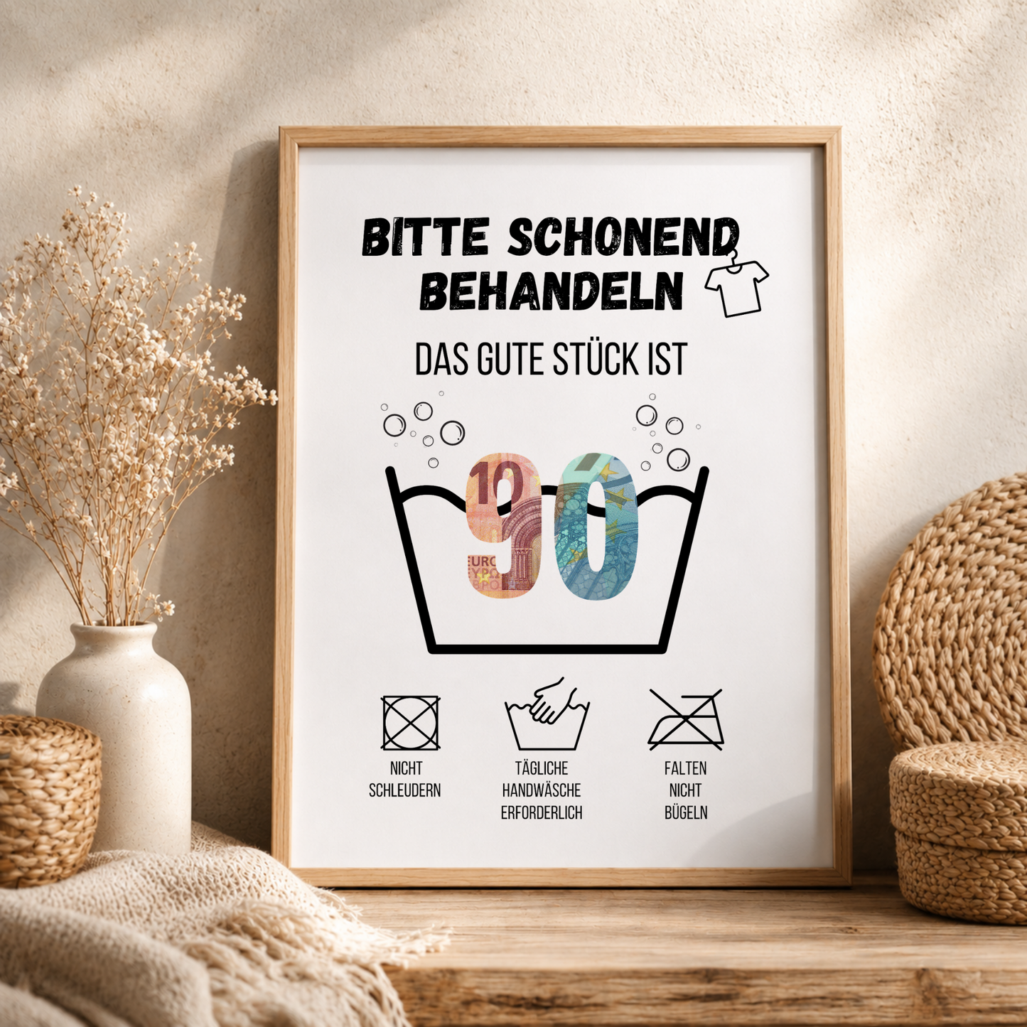 Geldgeschenk zum 90. Geburtstag Waschanleitung mit Euro-Scheinen in der Waschwanne und lustigen Pflegesymbolen, digitaler Download als DIN A4 Printable.