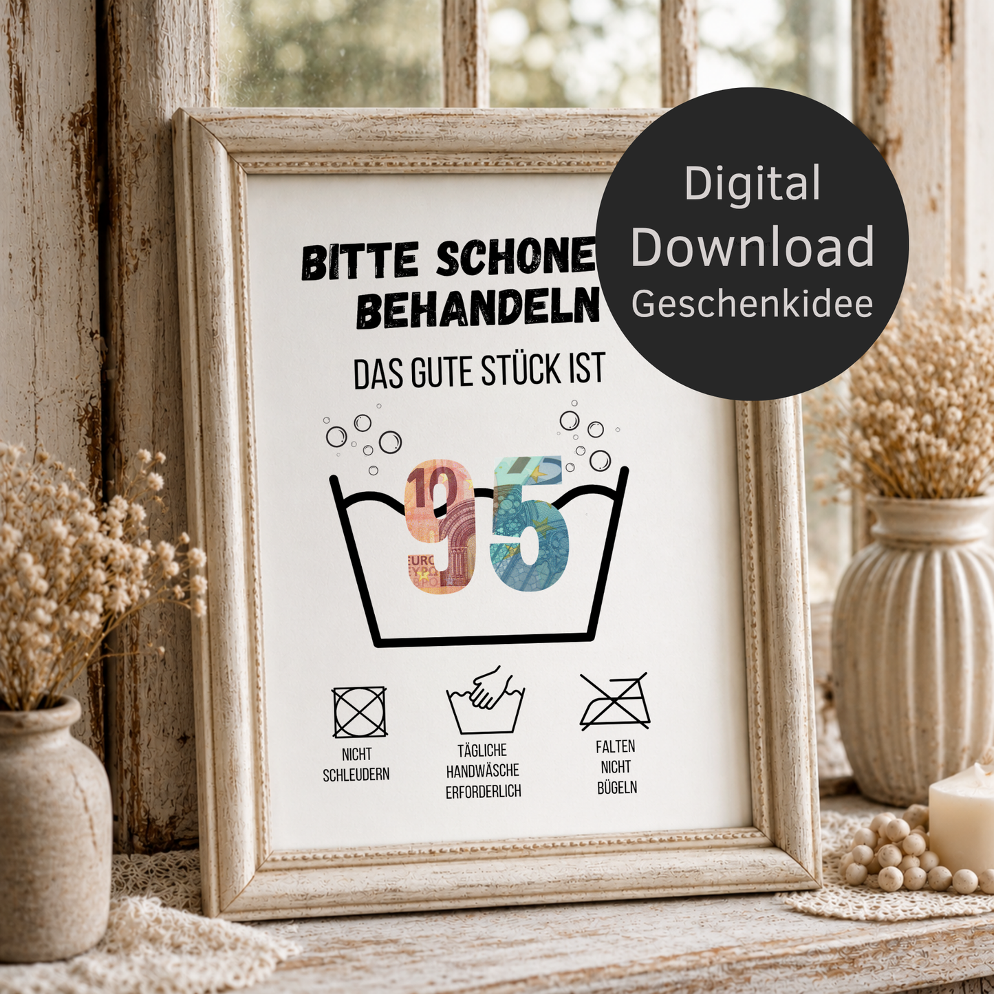 Geldgeschenk zum 95. Geburtstag Waschanleitung mit Euro-Scheinen in der Waschwanne und lustigen Pflegesymbolen, digitaler Download als DIN A4 Printable.
