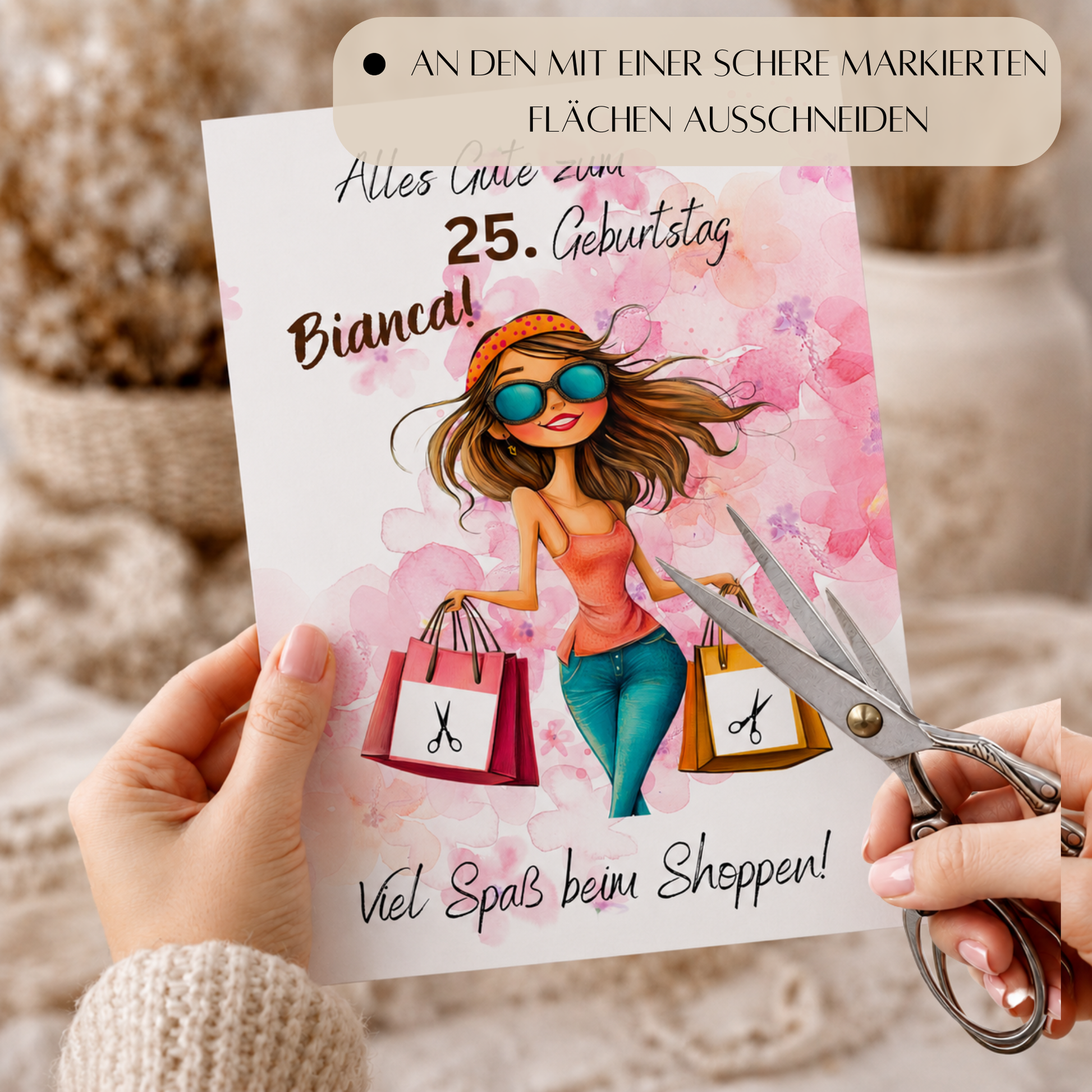 Personalisiertes Geldgeschenk zum Geburtstag als Printable PDF mit Shopping Motiv, Mädchen mit Einkaufstaschen, rosa Aquarell Hintergrund, Name und Alter individuell anpassbar, DIN A4 Digital Download zum Ausdrucken