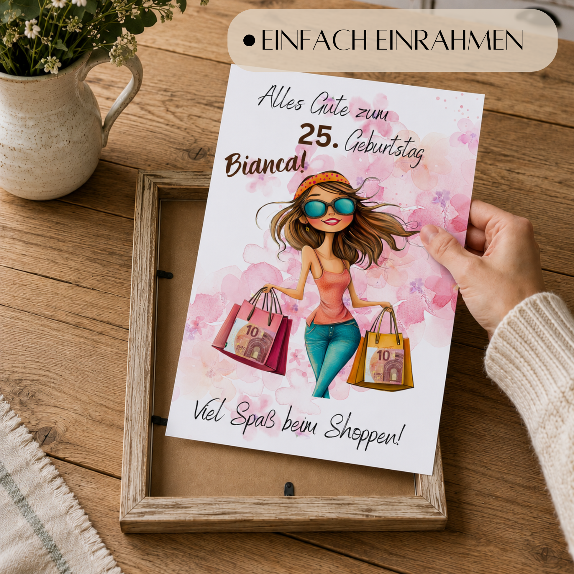 Personalisiertes Geldgeschenk zum Geburtstag als Printable PDF mit Shopping Motiv, Mädchen mit Einkaufstaschen, rosa Aquarell Hintergrund, Name und Alter individuell anpassbar, DIN A4 Digital Download zum Ausdrucken