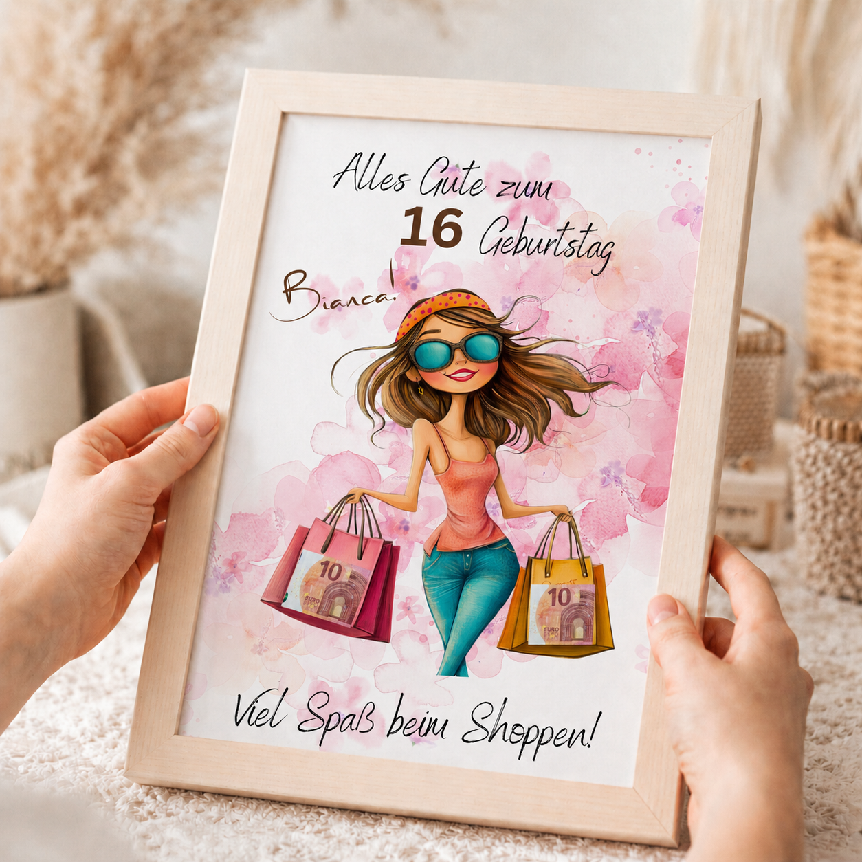 Personalisiertes Geldgeschenk zum Geburtstag als Printable PDF mit Shopping Motiv, Mädchen mit Einkaufstaschen, rosa Aquarell Hintergrund, Name und Alter individuell anpassbar, DIN A4 Digital Download zum Ausdrucken