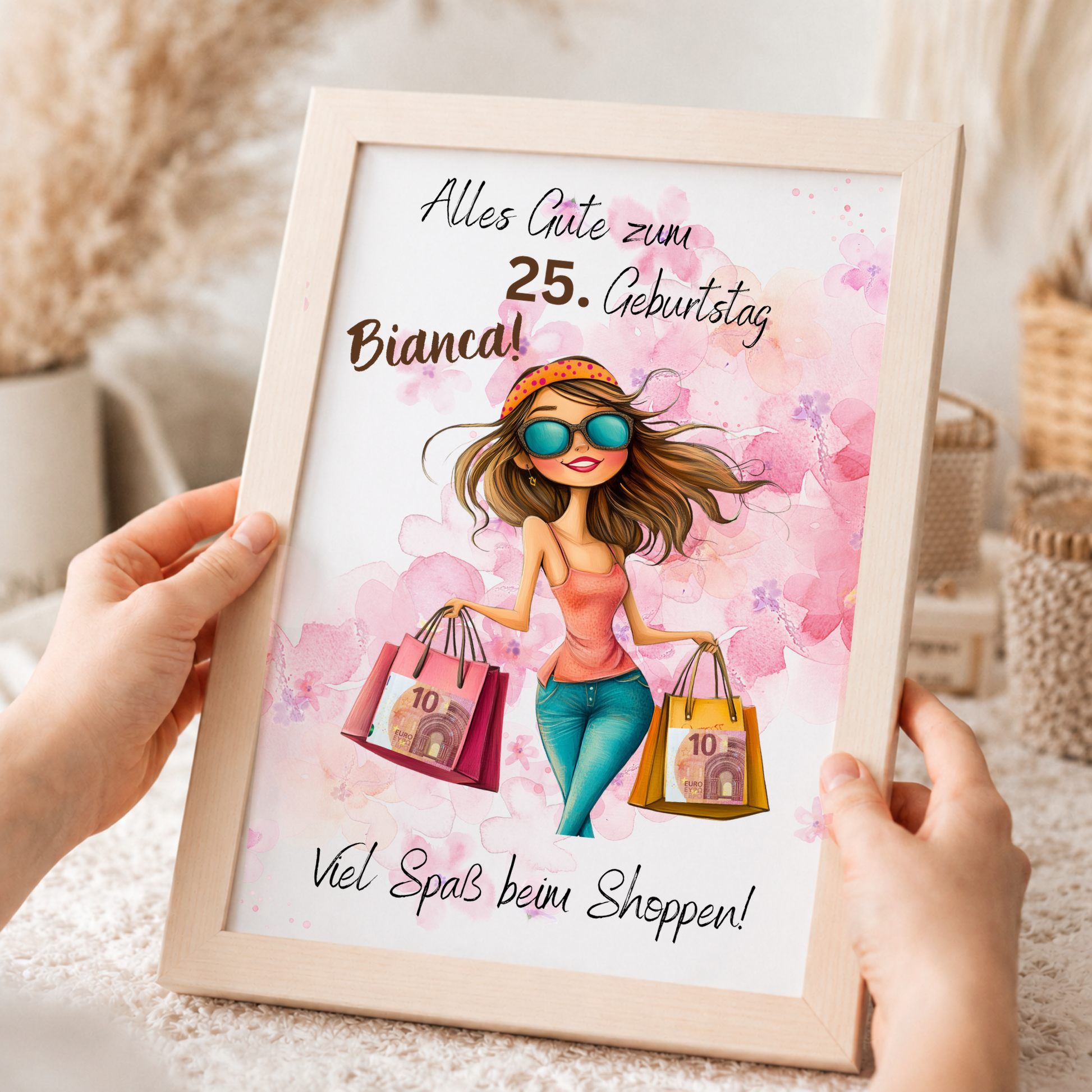 Personalisiertes Geldgeschenk zum Geburtstag als Printable PDF mit Shopping Motiv, Mädchen mit Einkaufstaschen, rosa Aquarell Hintergrund, Name und Alter individuell anpassbar, DIN A4 Digital Download zum Ausdrucken