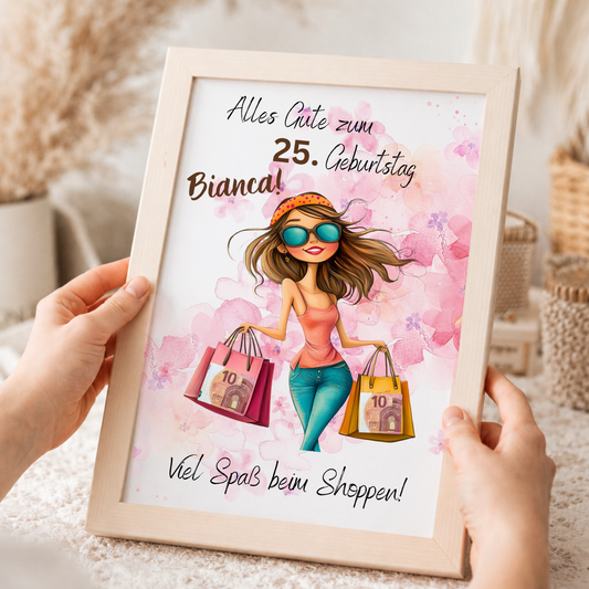 Personalisiertes Geldgeschenk zum Geburtstag als Printable PDF mit Shopping Motiv, Mädchen mit Einkaufstaschen, rosa Aquarell Hintergrund, Name und Alter individuell anpassbar, DIN A4 Digital Download zum Ausdrucken