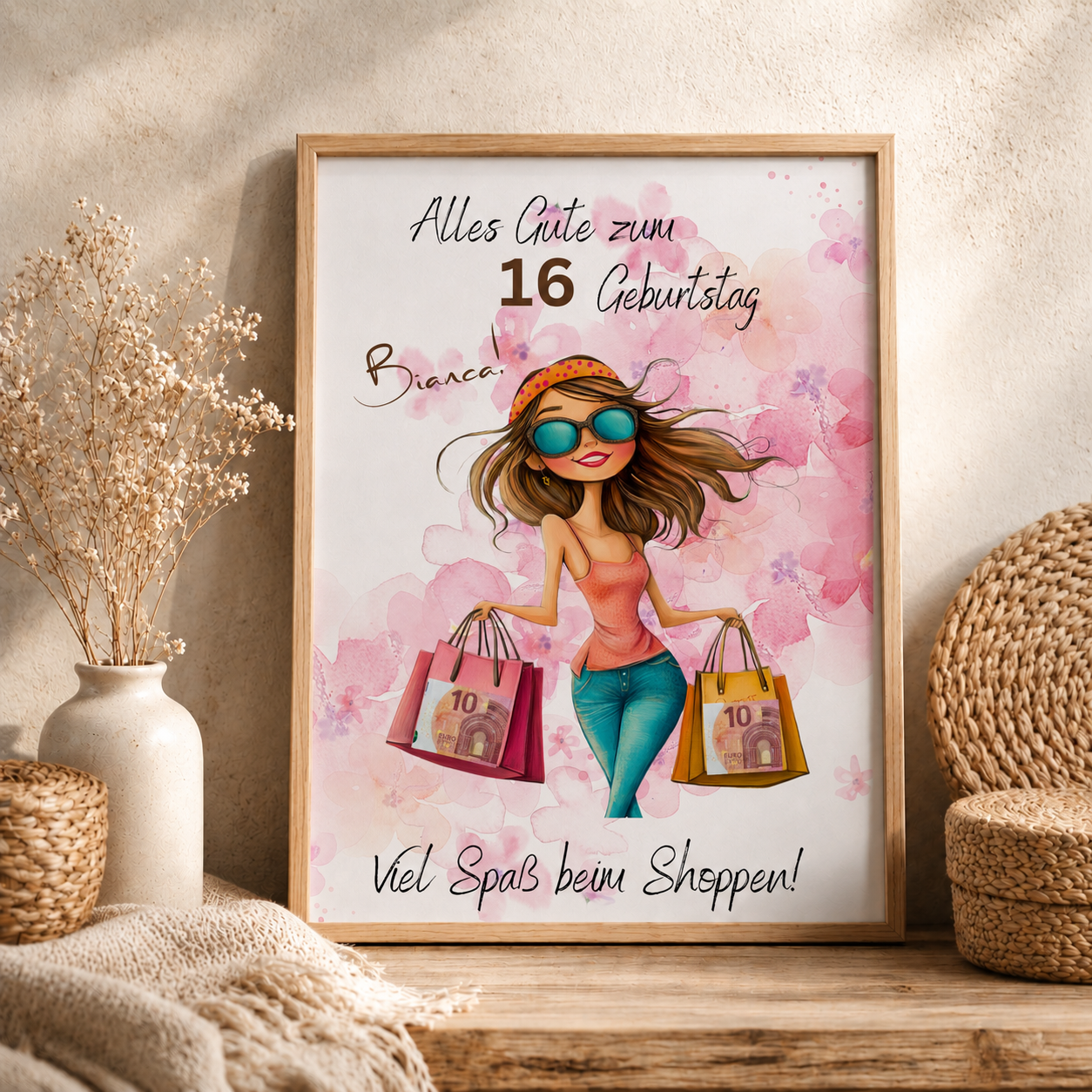 Personalisiertes Geldgeschenk zum Geburtstag als Printable PDF mit Shopping Motiv, Mädchen mit Einkaufstaschen, rosa Aquarell Hintergrund, Name und Alter individuell anpassbar, DIN A4 Digital Download zum Ausdrucken