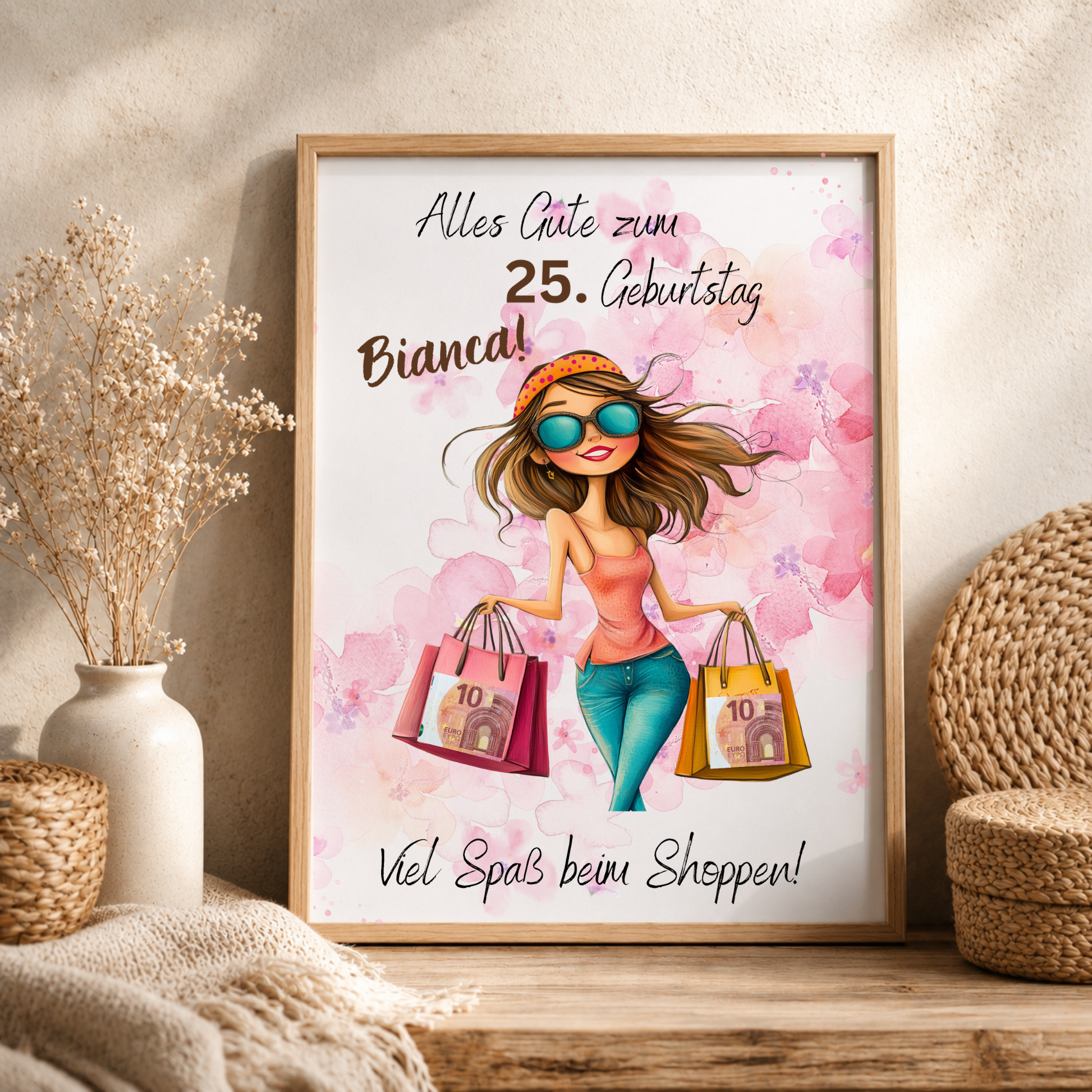 Personalisiertes Geldgeschenk zum Geburtstag als Printable PDF mit Shopping Motiv, Mädchen mit Einkaufstaschen, rosa Aquarell Hintergrund, Name und Alter individuell anpassbar, DIN A4 Digital Download zum Ausdrucken