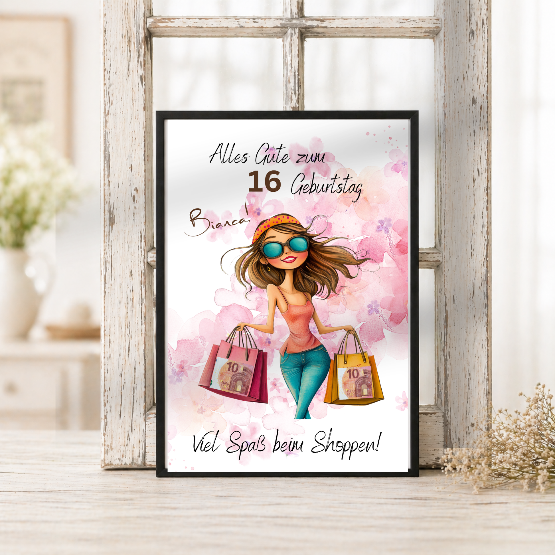Personalisiertes Geldgeschenk zum Geburtstag als Printable PDF mit Shopping Motiv, Mädchen mit Einkaufstaschen, rosa Aquarell Hintergrund, Name und Alter individuell anpassbar, DIN A4 Digital Download zum Ausdrucken