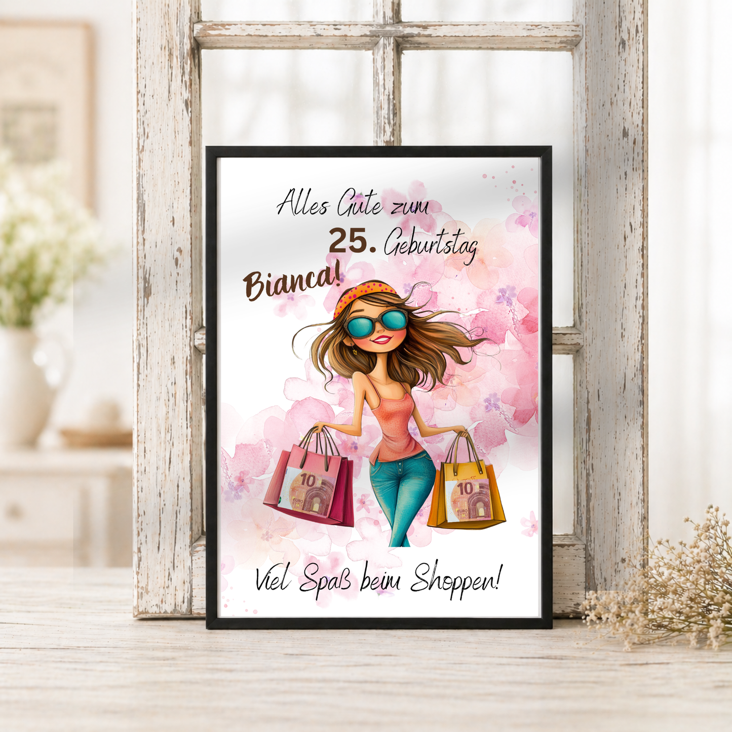 Personalisiertes Geldgeschenk zum Geburtstag als Printable PDF mit Shopping Motiv, Mädchen mit Einkaufstaschen, rosa Aquarell Hintergrund, Name und Alter individuell anpassbar, DIN A4 Digital Download zum Ausdrucken