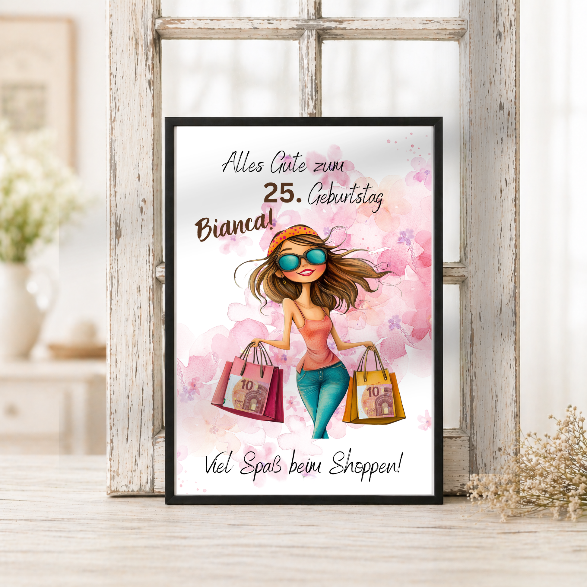 Personalisiertes Geldgeschenk zum Geburtstag als Printable PDF mit Shopping Motiv, Mädchen mit Einkaufstaschen, rosa Aquarell Hintergrund, Name und Alter individuell anpassbar, DIN A4 Digital Download zum Ausdrucken