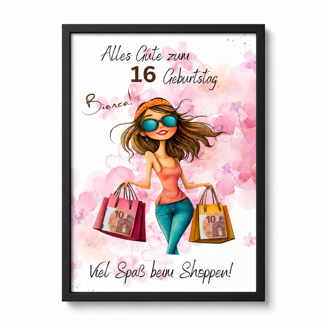 Personalisiertes Geldgeschenk zum Geburtstag als Printable PDF mit Shopping Motiv, Mädchen mit Einkaufstaschen, rosa Aquarell Hintergrund, Name und Alter individuell anpassbar, DIN A4 Digital Download zum Ausdrucken
