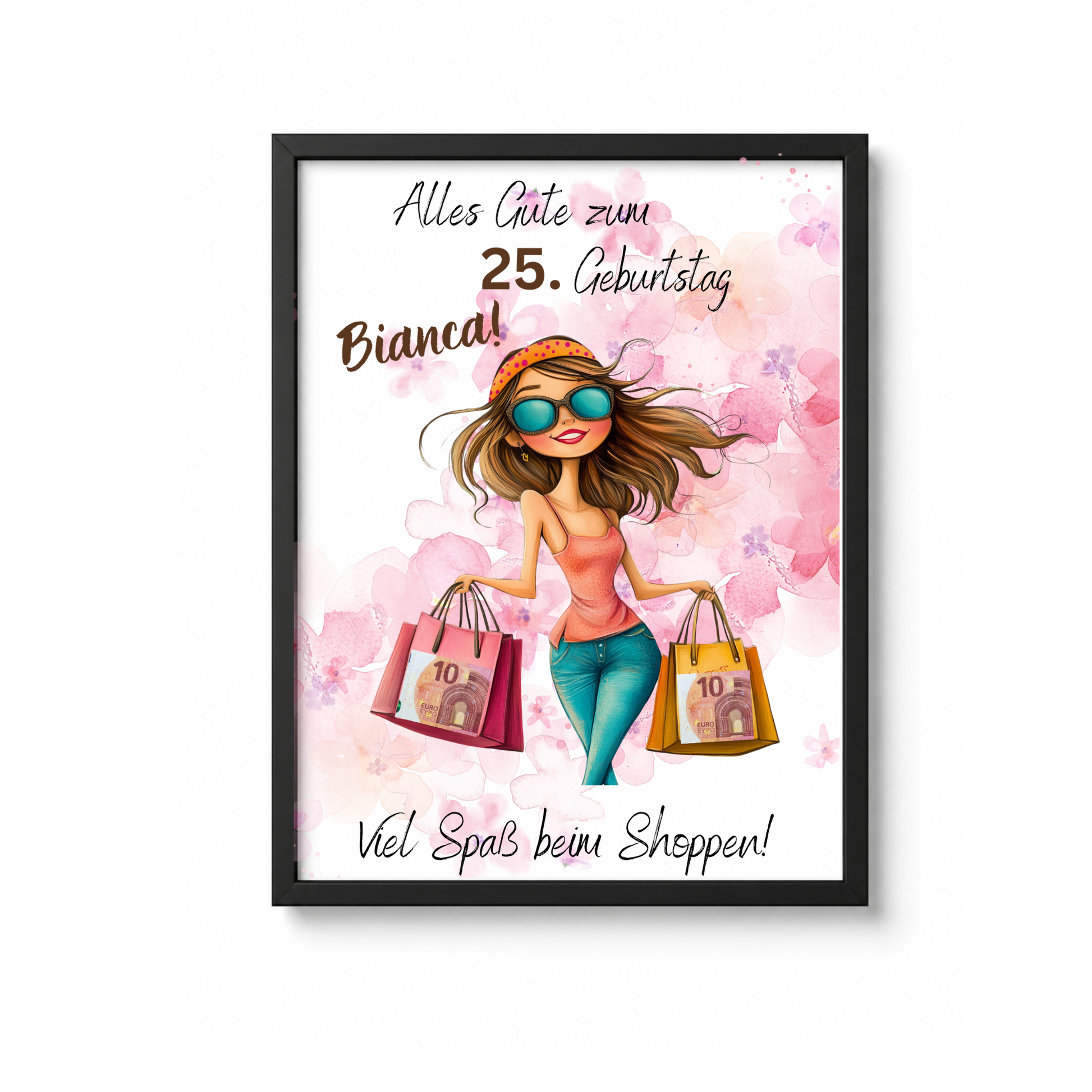 Personalisiertes Geldgeschenk zum Geburtstag als Printable PDF mit Shopping Motiv, Mädchen mit Einkaufstaschen, rosa Aquarell Hintergrund, Name und Alter individuell anpassbar, DIN A4 Digital Download zum Ausdrucken