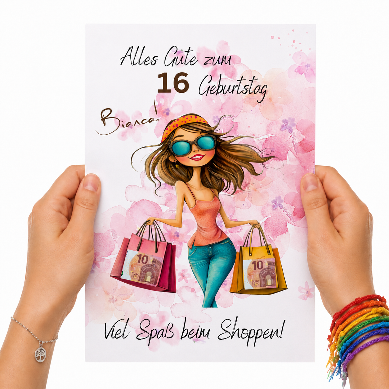 Personalisiertes Geldgeschenk zum Geburtstag als Printable PDF mit Shopping Motiv, Mädchen mit Einkaufstaschen, rosa Aquarell Hintergrund, Name und Alter individuell anpassbar, DIN A4 Digital Download zum Ausdrucken