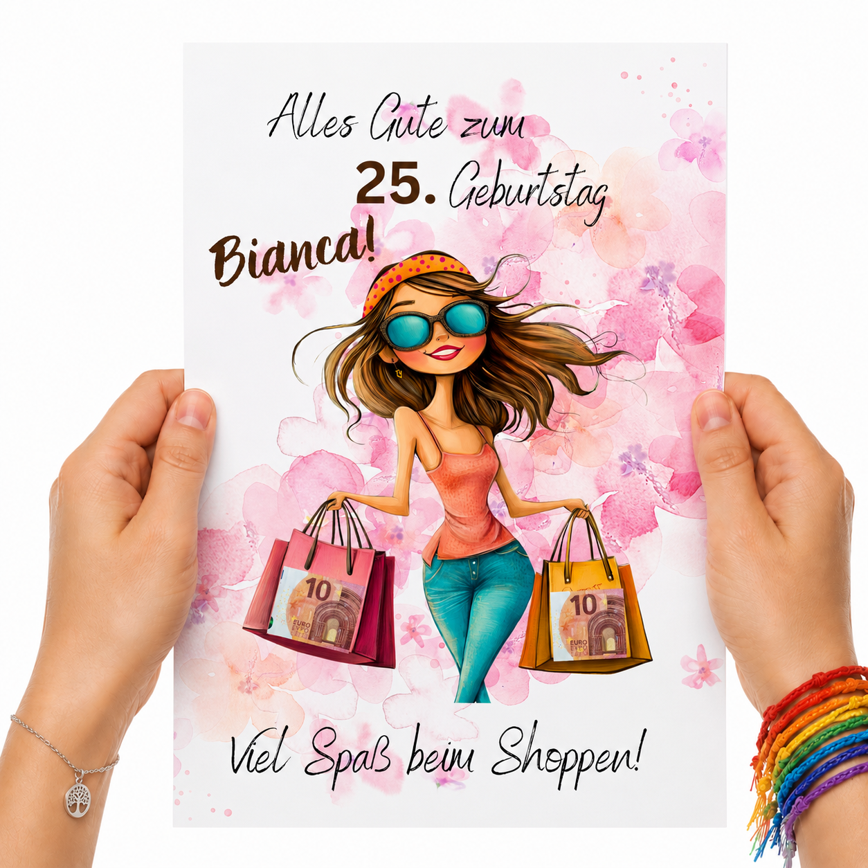 Personalisiertes Geldgeschenk zum Geburtstag als Printable PDF mit Shopping Motiv, Mädchen mit Einkaufstaschen, rosa Aquarell Hintergrund, Name und Alter individuell anpassbar, DIN A4 Digital Download zum Ausdrucken