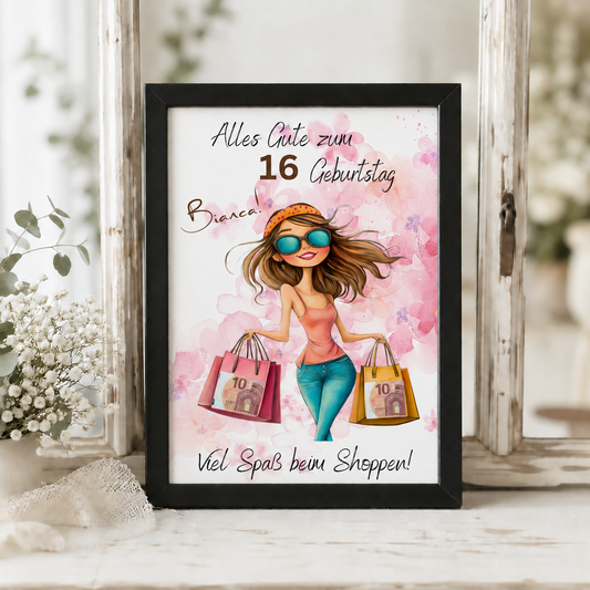 Personalisiertes Geldgeschenk zum Geburtstag als Printable PDF mit Shopping Motiv, Mädchen mit Einkaufstaschen, rosa Aquarell Hintergrund, Name und Alter individuell anpassbar, DIN A4 Digital Download zum Ausdrucken
