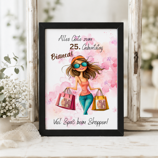 Personalisiertes Geldgeschenk zum Geburtstag als Printable PDF mit Shopping Motiv, Mädchen mit Einkaufstaschen, rosa Aquarell Hintergrund, Name und Alter individuell anpassbar, DIN A4 Digital Download zum Ausdrucken