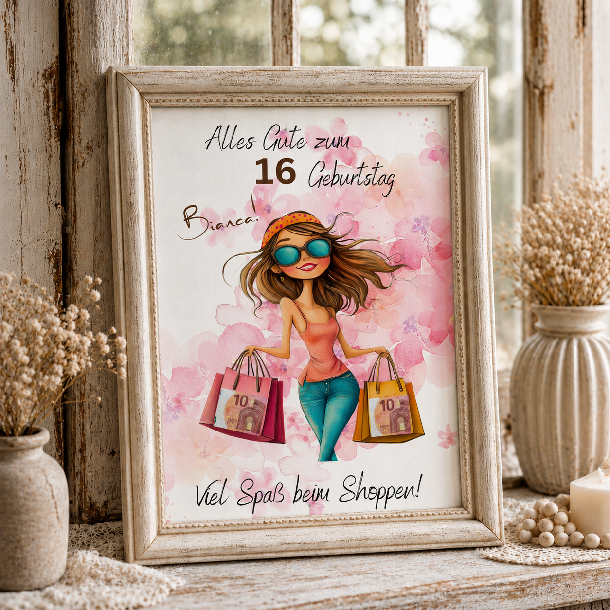Personalisiertes Geldgeschenk zum Geburtstag als Printable PDF mit Shopping Motiv, Mädchen mit Einkaufstaschen, rosa Aquarell Hintergrund, Name und Alter individuell anpassbar, DIN A4 Digital Download zum Ausdrucken
