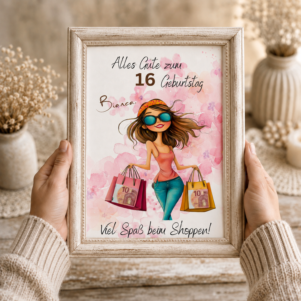Personalisiertes Geldgeschenk zum Geburtstag als Printable PDF mit Shopping Motiv, Mädchen mit Einkaufstaschen, rosa Aquarell Hintergrund, Name und Alter individuell anpassbar, DIN A4 Digital Download zum Ausdrucken