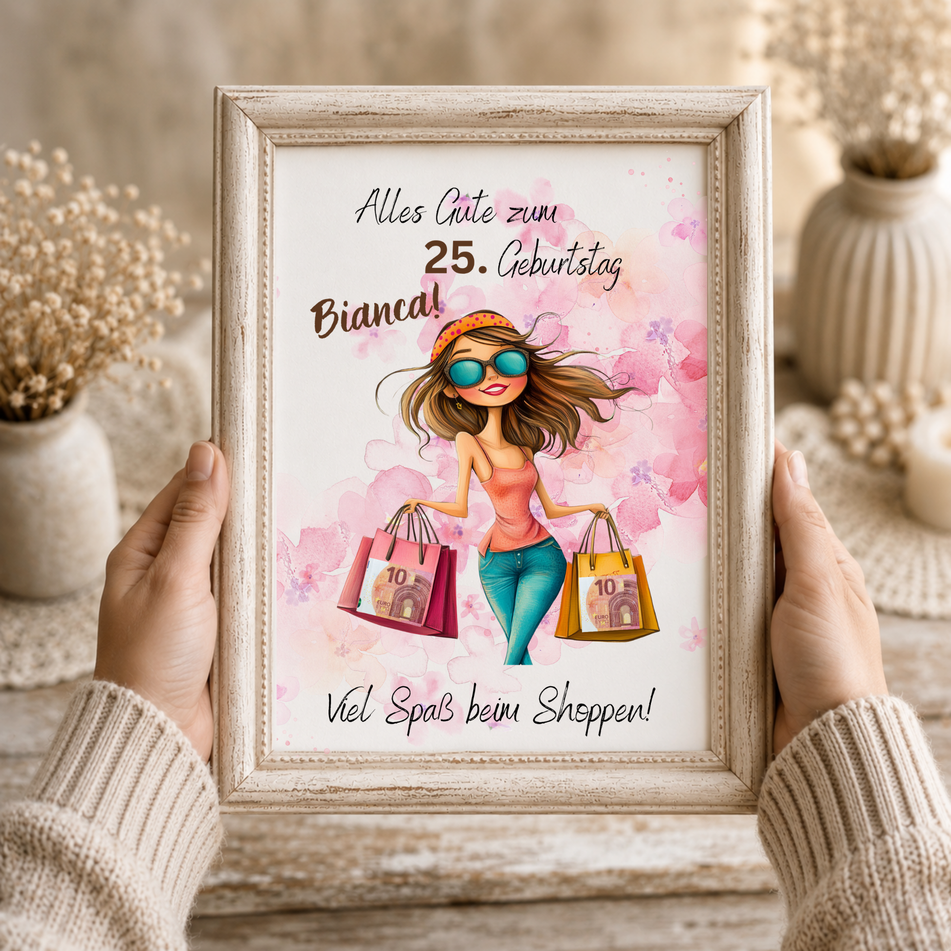 Personalisiertes Geldgeschenk zum Geburtstag als Printable PDF mit Shopping Motiv, Mädchen mit Einkaufstaschen, rosa Aquarell Hintergrund, Name und Alter individuell anpassbar, DIN A4 Digital Download zum Ausdrucken