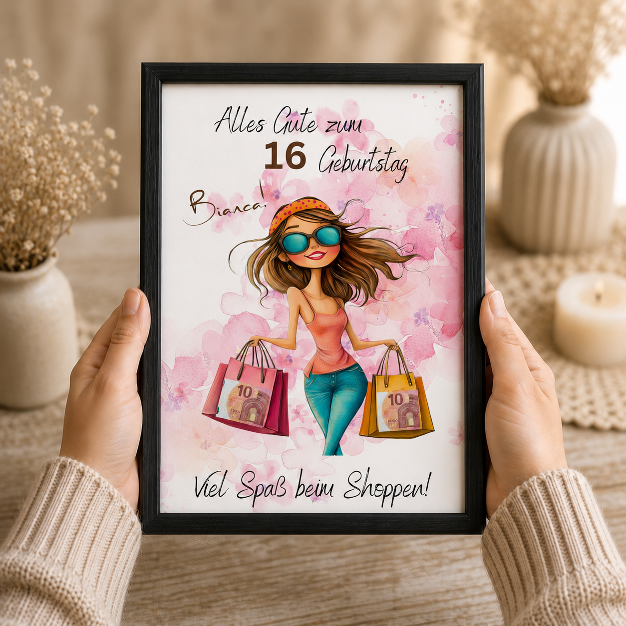 Personalisiertes Geldgeschenk zum Geburtstag als Printable PDF mit Shopping Motiv, Mädchen mit Einkaufstaschen, rosa Aquarell Hintergrund, Name und Alter individuell anpassbar, DIN A4 Digital Download zum Ausdrucken