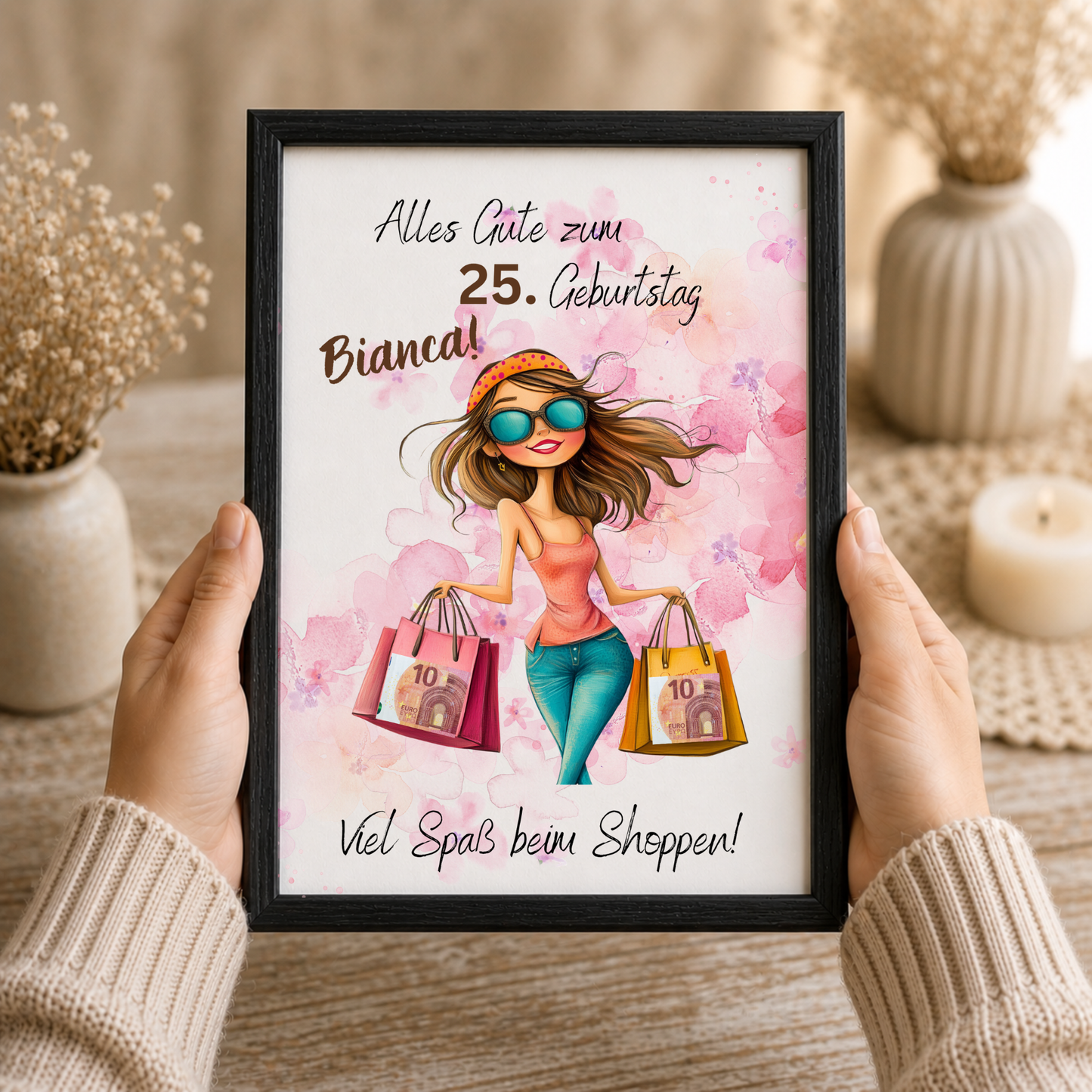 Personalisiertes Geldgeschenk zum Geburtstag als Printable PDF mit Shopping Motiv, Mädchen mit Einkaufstaschen, rosa Aquarell Hintergrund, Name und Alter individuell anpassbar, DIN A4 Digital Download zum Ausdrucken