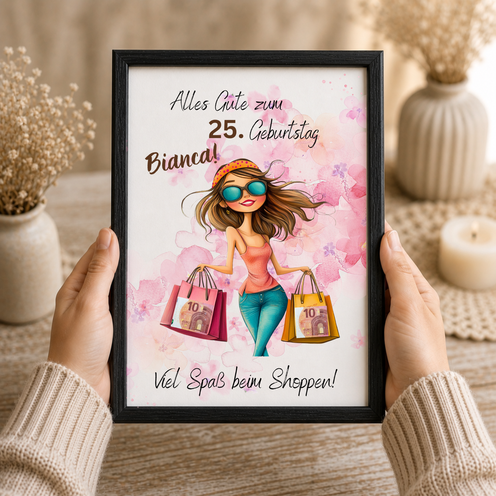 Personalisiertes Geldgeschenk zum Geburtstag als Printable PDF mit Shopping Motiv, Mädchen mit Einkaufstaschen, rosa Aquarell Hintergrund, Name und Alter individuell anpassbar, DIN A4 Digital Download zum Ausdrucken
