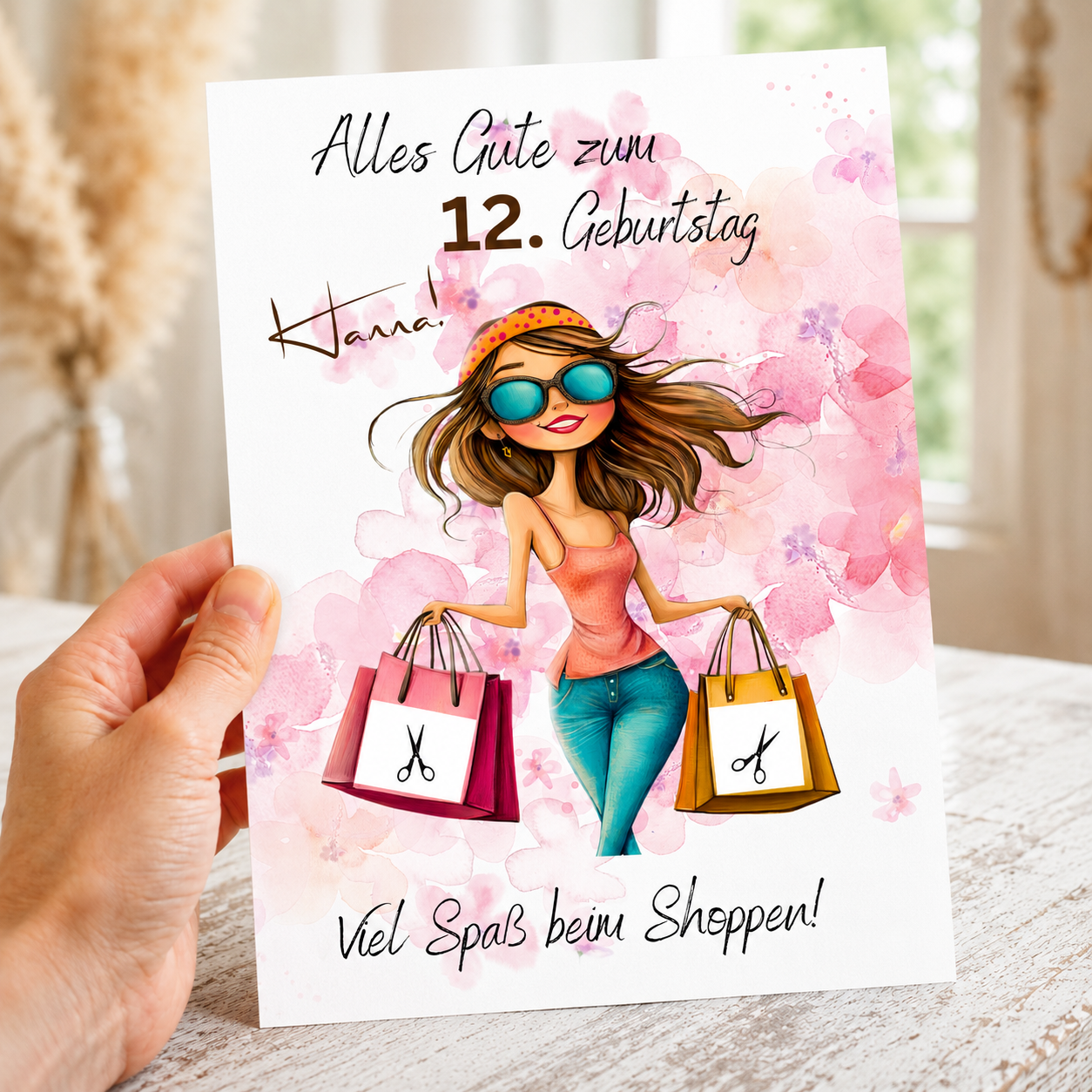 Personalisiertes Geldgeschenk zum Geburtstag als Printable PDF mit Shopping Motiv, Mädchen mit Einkaufstaschen, rosa Aquarell Hintergrund, Name und Alter individuell anpassbar, DIN A4 Digital Download zum Ausdrucken