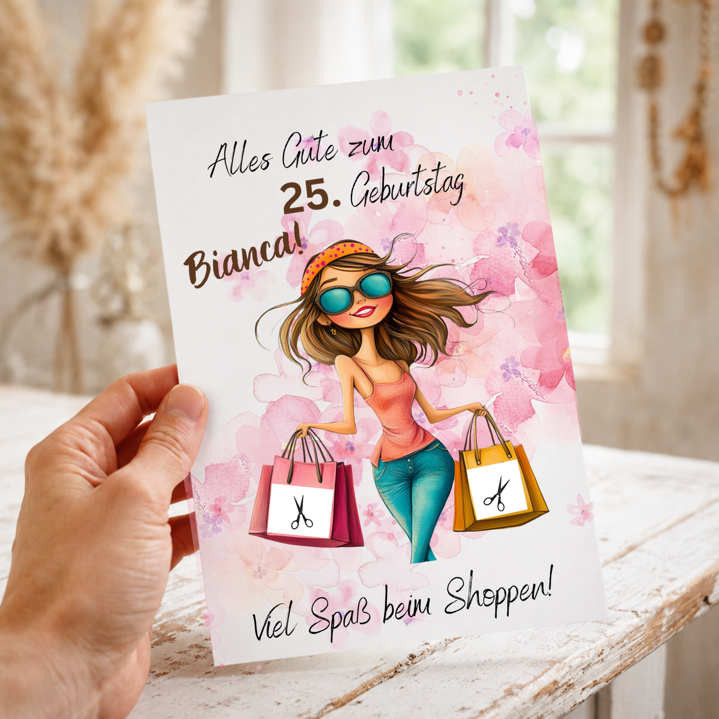 Personalisiertes Geldgeschenk zum Geburtstag als Printable PDF mit Shopping Motiv, Mädchen mit Einkaufstaschen, rosa Aquarell Hintergrund, Name und Alter individuell anpassbar, DIN A4 Digital Download zum Ausdrucken