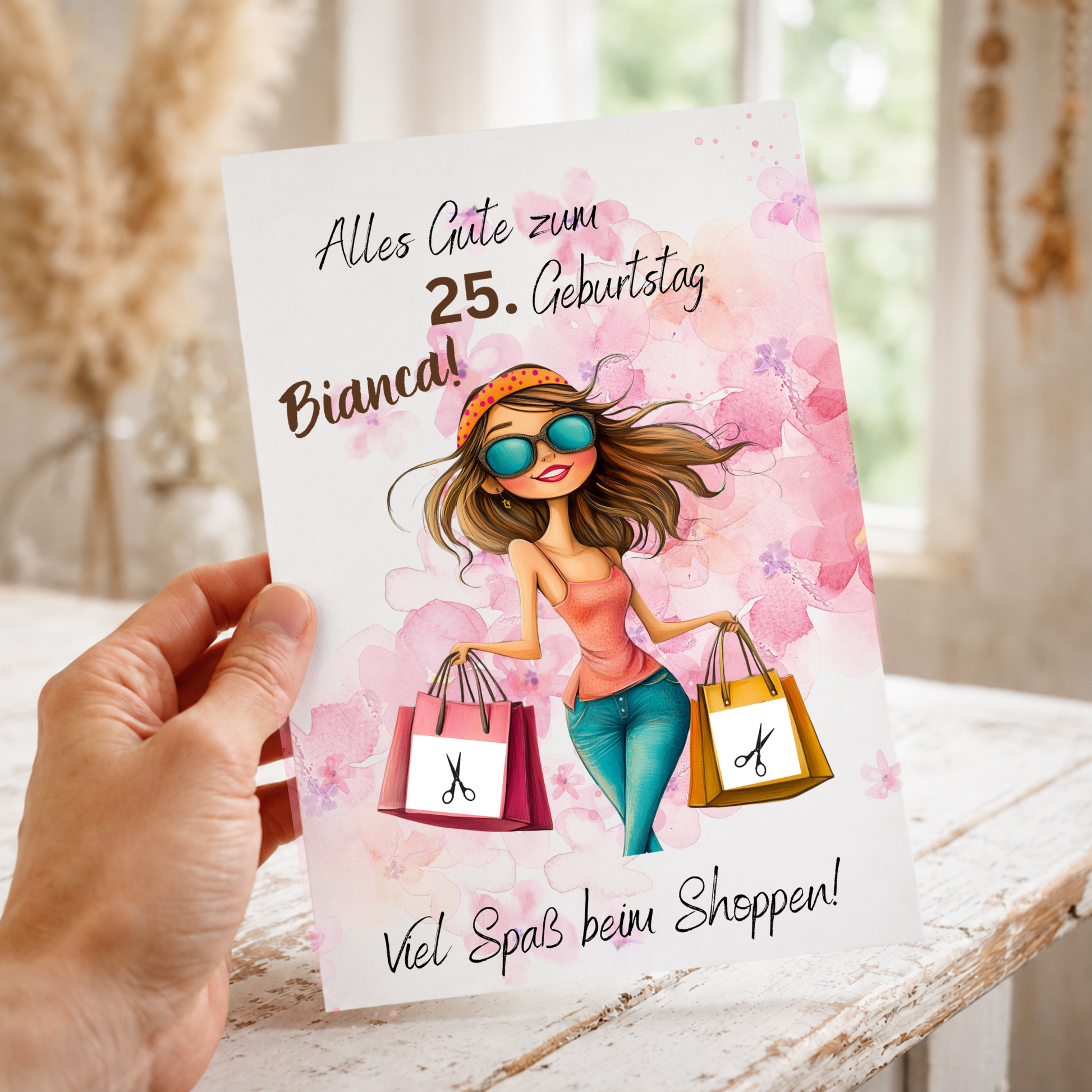Personalisiertes Geldgeschenk zum Geburtstag als Printable PDF mit Shopping Motiv, Mädchen mit Einkaufstaschen, rosa Aquarell Hintergrund, Name und Alter individuell anpassbar, DIN A4 Digital Download zum Ausdrucken