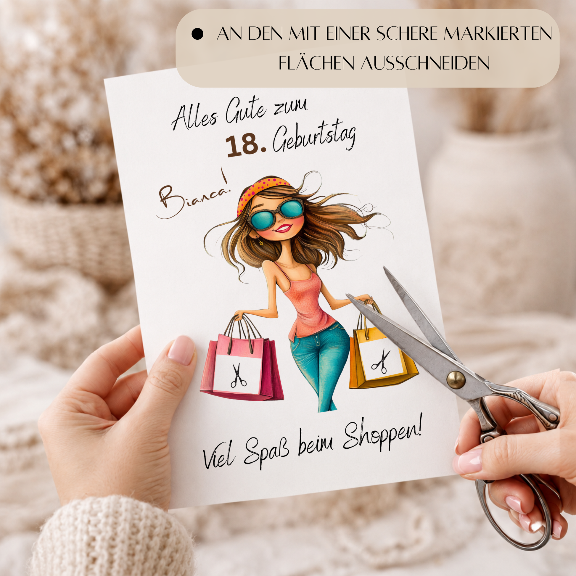 Personalisiertes Geldgeschenk zum 18 Geburtstag mit Shopping Motiv, Mädchen mit Einkaufstaschen, Printable PDF zum Ausdrucken und Ausschneiden für Geldscheine