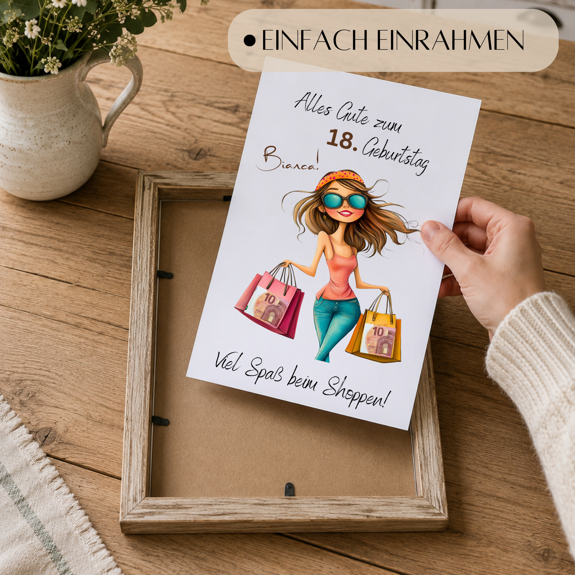 Personalisiertes Geldgeschenk zum 18 Geburtstag mit Shopping Motiv, Mädchen mit Einkaufstaschen, Printable PDF zum Ausdrucken und Ausschneiden für Geldscheine
