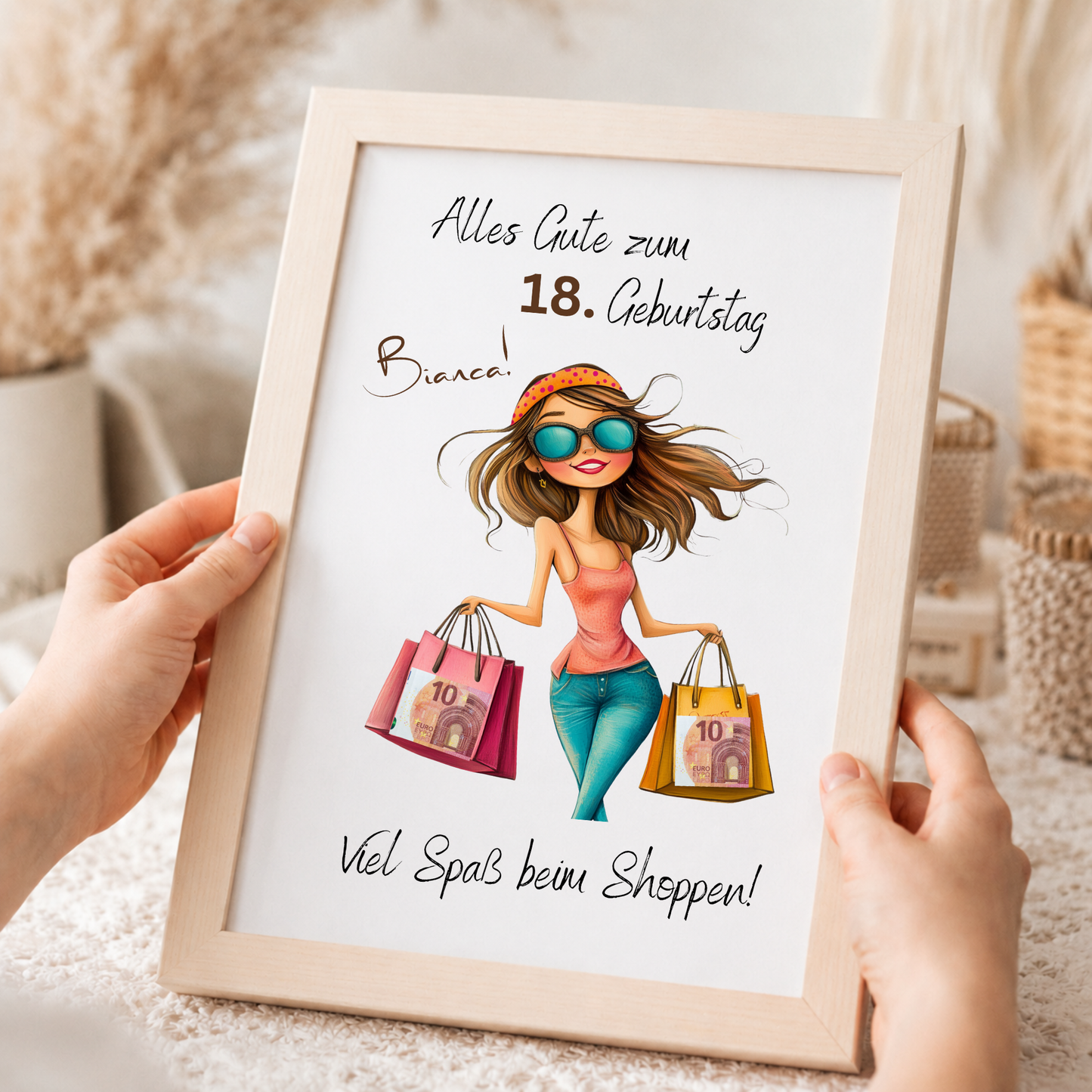 Personalisiertes Geldgeschenk zum 18 Geburtstag mit Shopping Motiv, Mädchen mit Einkaufstaschen, Printable PDF zum Ausdrucken und Ausschneiden für Geldscheine