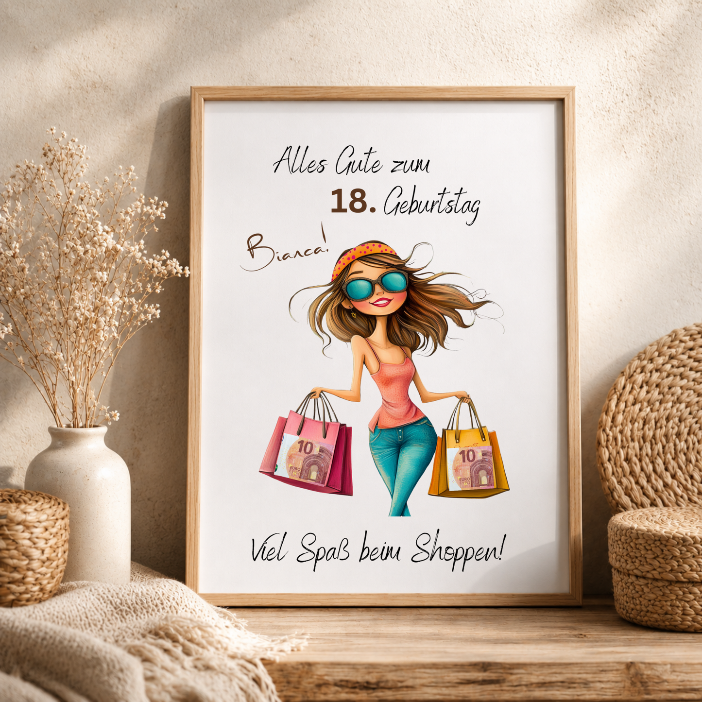 Personalisiertes Geldgeschenk zum 18 Geburtstag mit Shopping Motiv, Mädchen mit Einkaufstaschen, Printable PDF zum Ausdrucken und Ausschneiden für Geldscheine