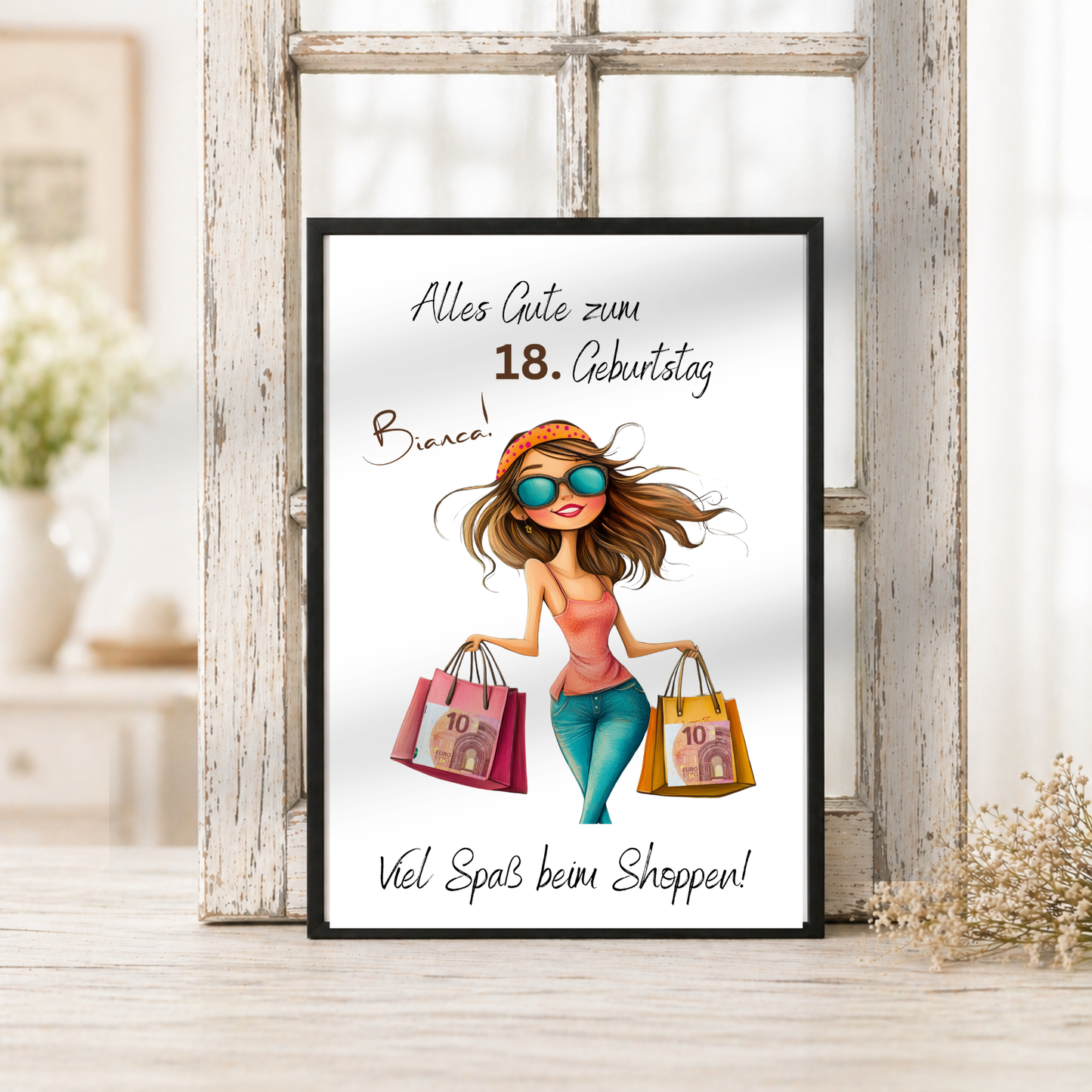 Personalisiertes Geldgeschenk zum 18 Geburtstag mit Shopping Motiv, Mädchen mit Einkaufstaschen, Printable PDF zum Ausdrucken und Ausschneiden für Geldscheine