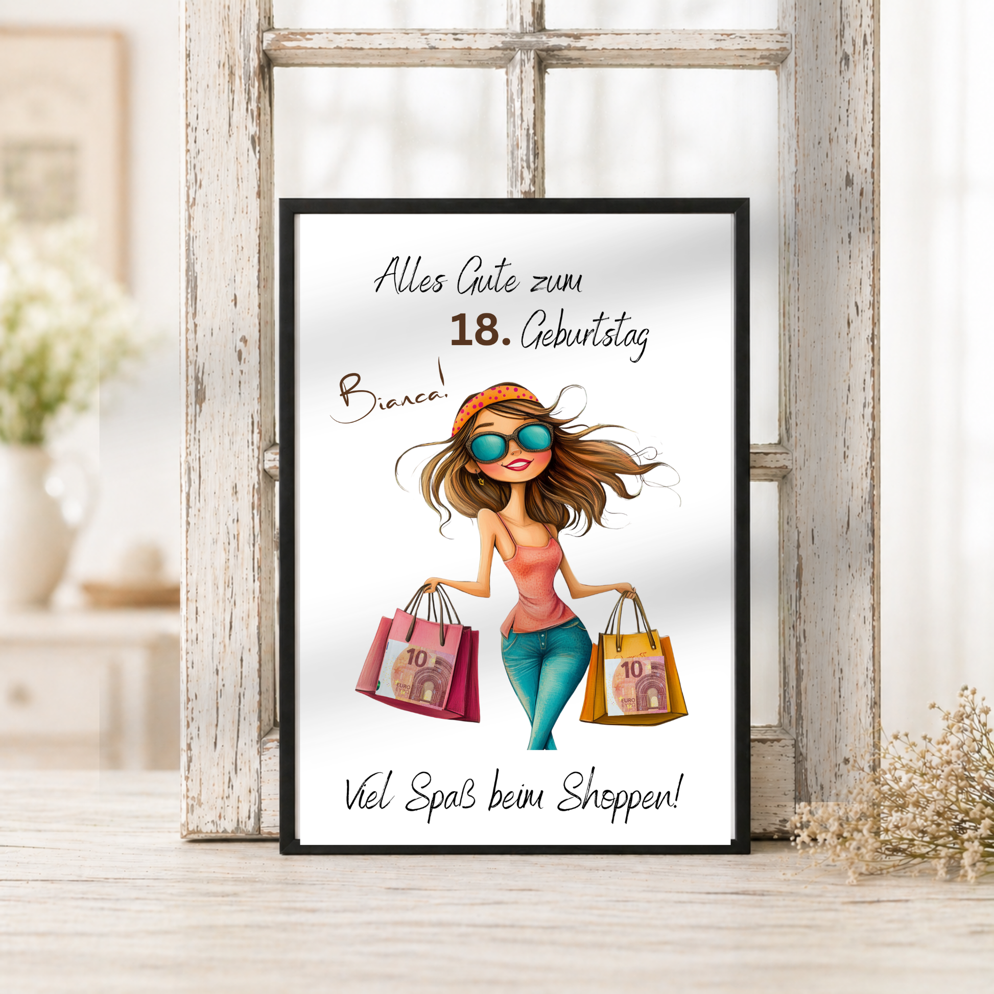 Personalisiertes Geldgeschenk zum 18 Geburtstag mit Shopping Motiv, Mädchen mit Einkaufstaschen, Printable PDF zum Ausdrucken und Ausschneiden für Geldscheine
