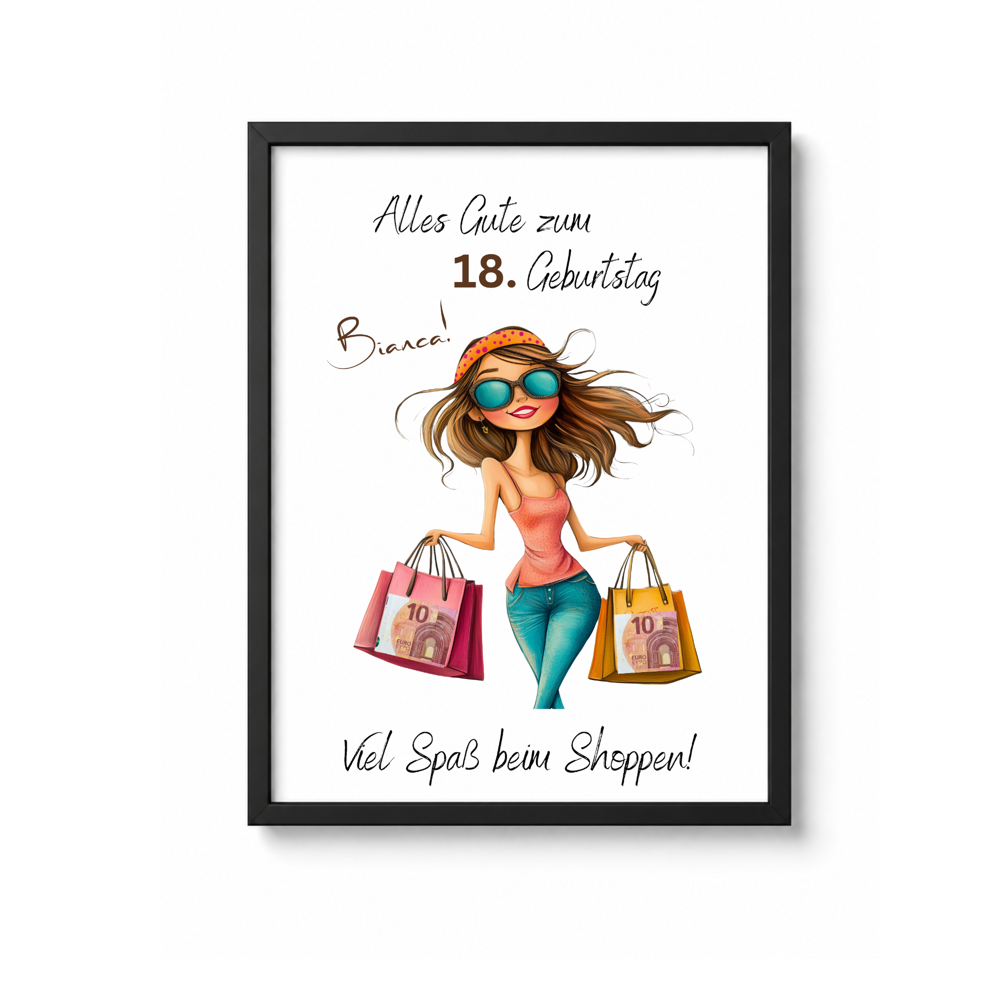 Personalisiertes Geldgeschenk zum 18 Geburtstag mit Shopping Motiv, Mädchen mit Einkaufstaschen, Printable PDF zum Ausdrucken und Ausschneiden für Geldscheine