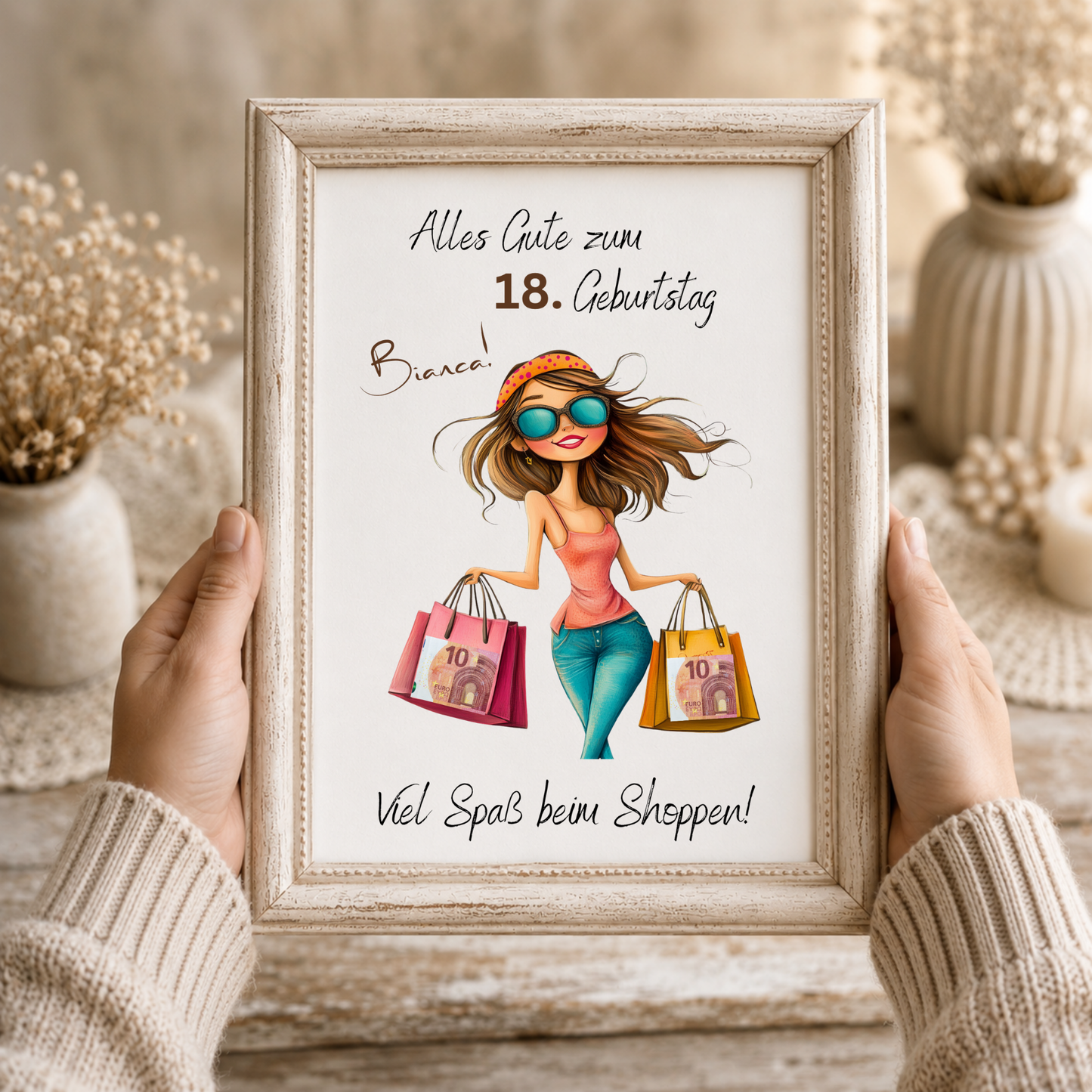 Personalisiertes Geldgeschenk zum 18 Geburtstag mit Shopping Motiv, Mädchen mit Einkaufstaschen, Printable PDF zum Ausdrucken und Ausschneiden für Geldscheine